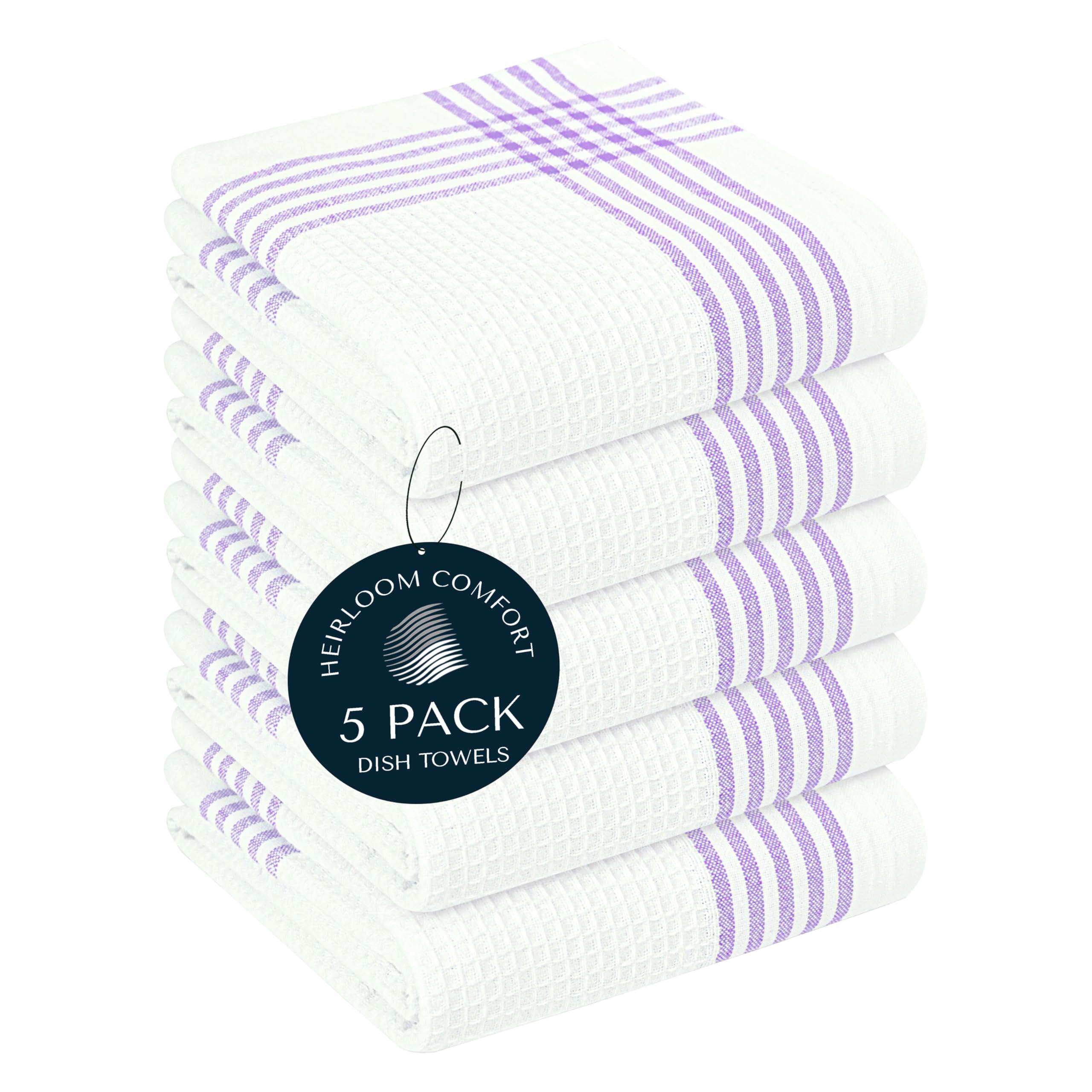 HEIRLOOM COMFORT Lavender and White Kitchen Towels 5 Pack, 40x66 cm, 100% Cotton Waffle Weave, Super Absorbent, Quick Dry, Soft & Durable Dish Towels for Drying, Cooking, Cleaning Tasks โ image 1