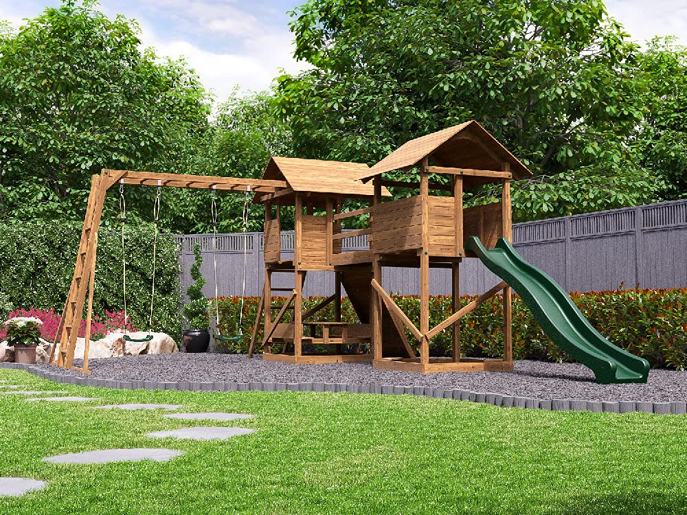 Dunster House Wooden Climbing Frame With Wall Monkey Bars Swing Set