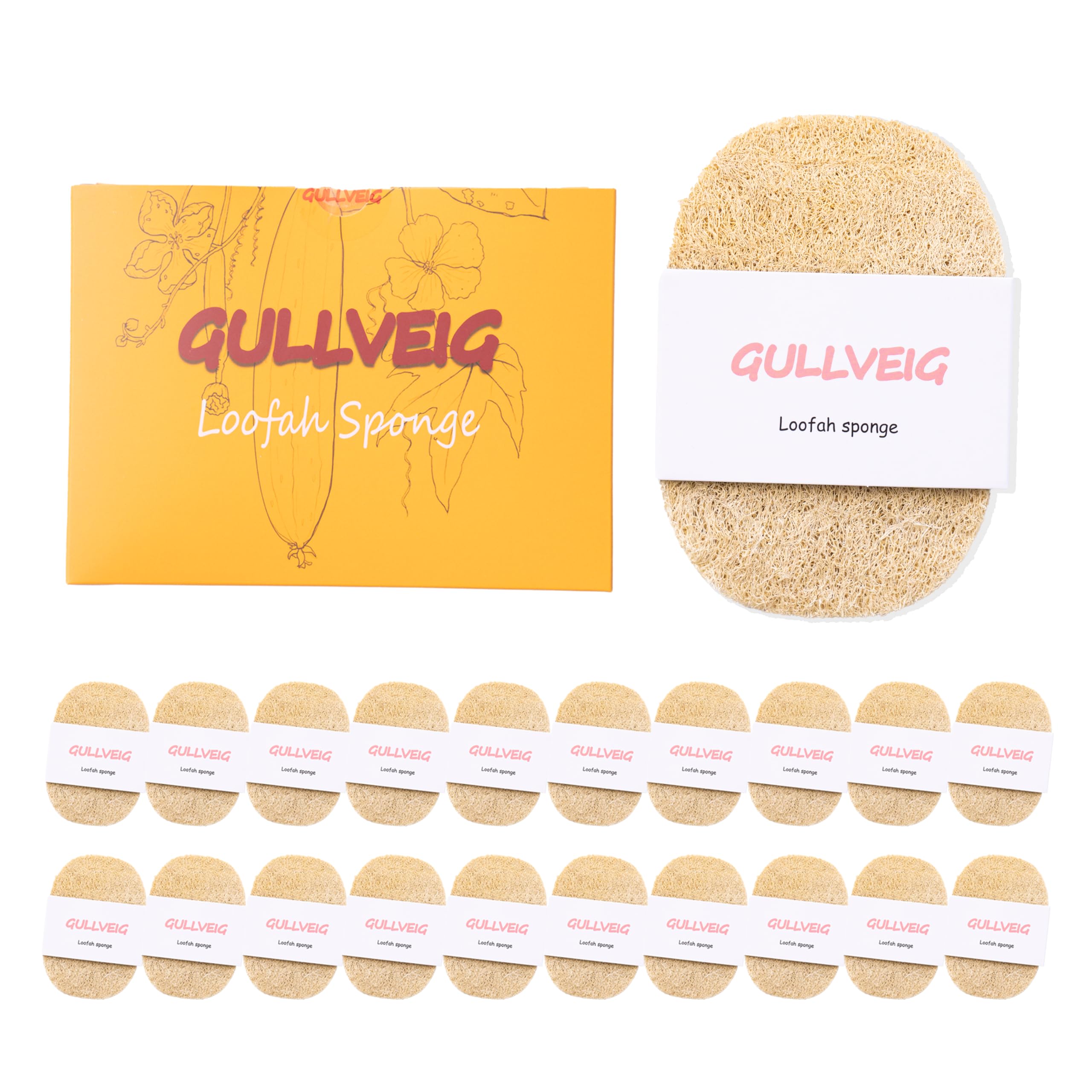 Gullveig Natural Loofah Sponge for Body Exfoliating and Dishes Cleaning, Men Women Bathing Accessories, 20 Pack