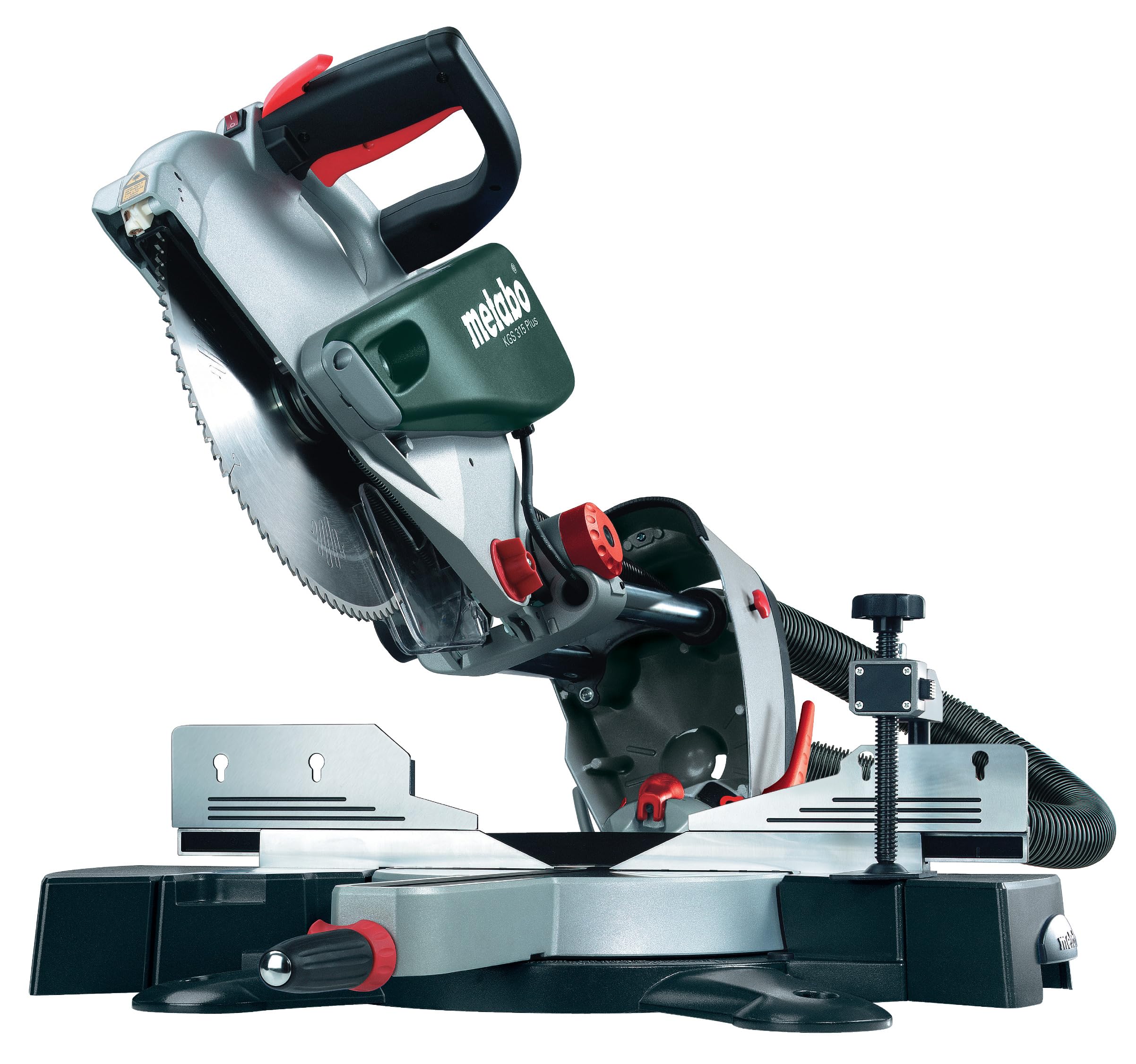 metabo Kappsäge KGS 315 Plus - 1600 W - Große Schnittkapazität dank Zugfunktion, drehbarer Tisch, neigbarer Sägekopf, Drehzahlregelung, werkzeugloser Sägeblattwechsel, präzise Winkelraster & Absaugung | Zugfunktion, Drehzahlregelung, Sägeblattwechsel, Win