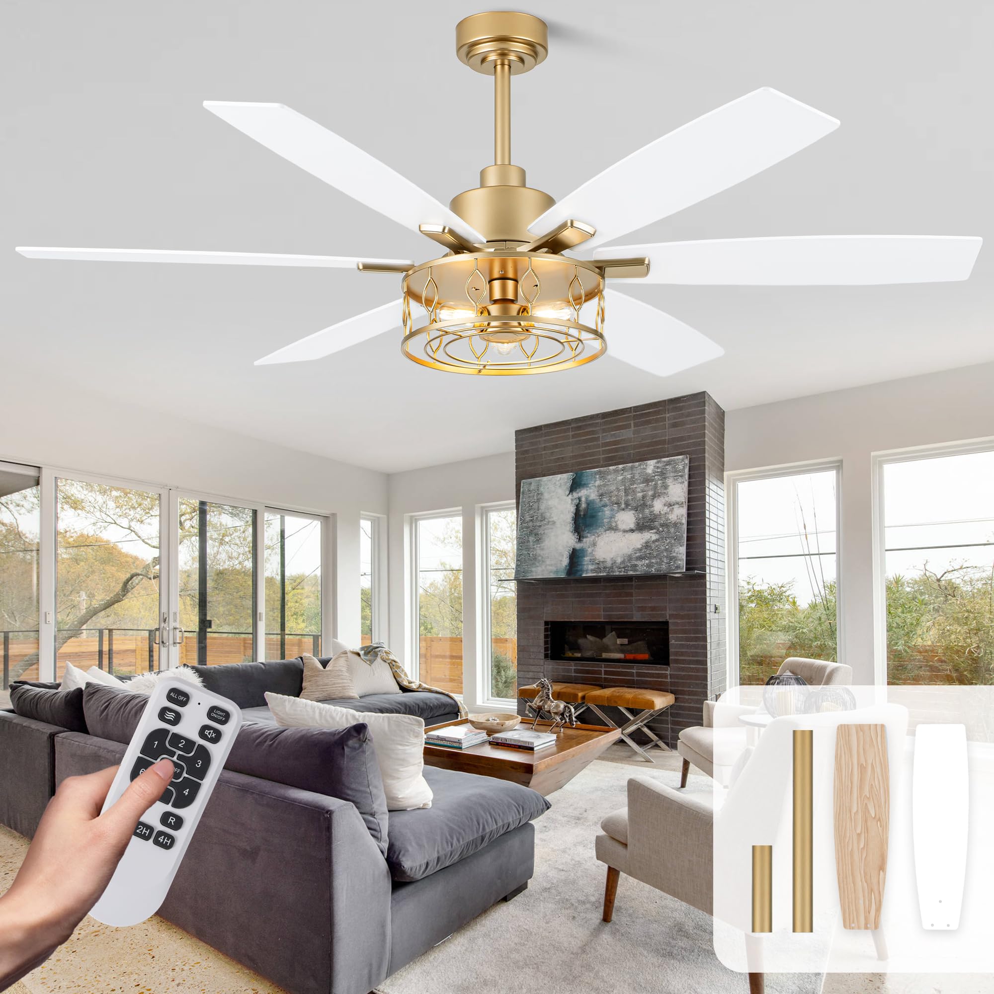 60'' Ceiling Fan with Light White and Gold Ceiling Fan Chandelier Fan
