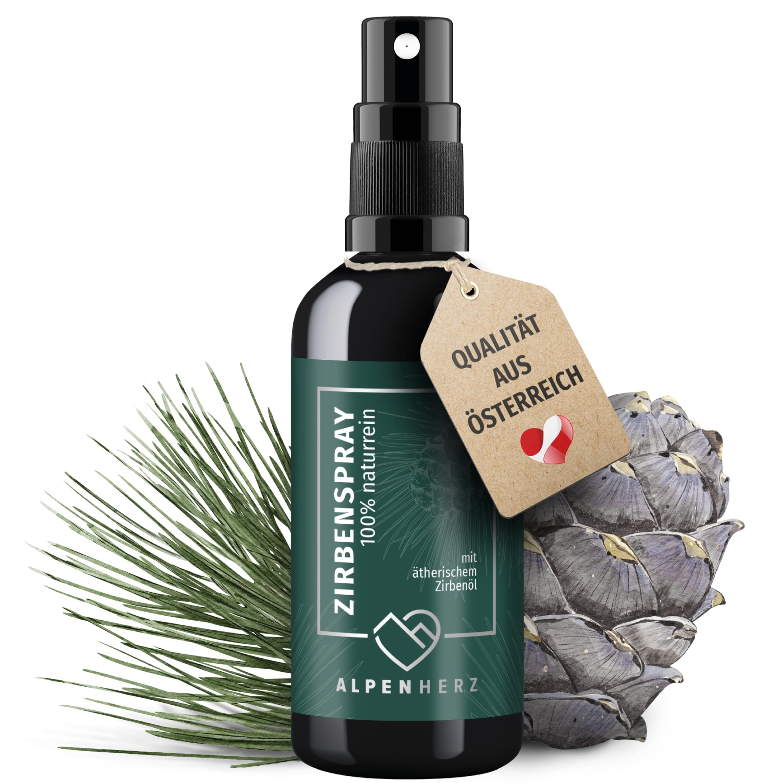 Alpenherz Zirbenspray - 100 ml naturrein mit ätherischem Zirbenöl - Bett Duftspray für einen schönen Kissenduft - Zirbenwald Spray für Auto, Kopfkissen, Bettspray, Raumduft oder auch Raumspray