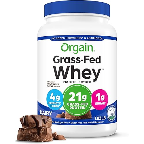 Orgain Whey Protein Powder, Creamy Chocolate Fudge - 21g Grass Fed Dairy Protein, 5g BCAAs, 4g Prebiotic Fiber, No Sugar Added, No Added Hormones, Gluten Free, Kosher, For Shakes & Smoothies - 1.82lb