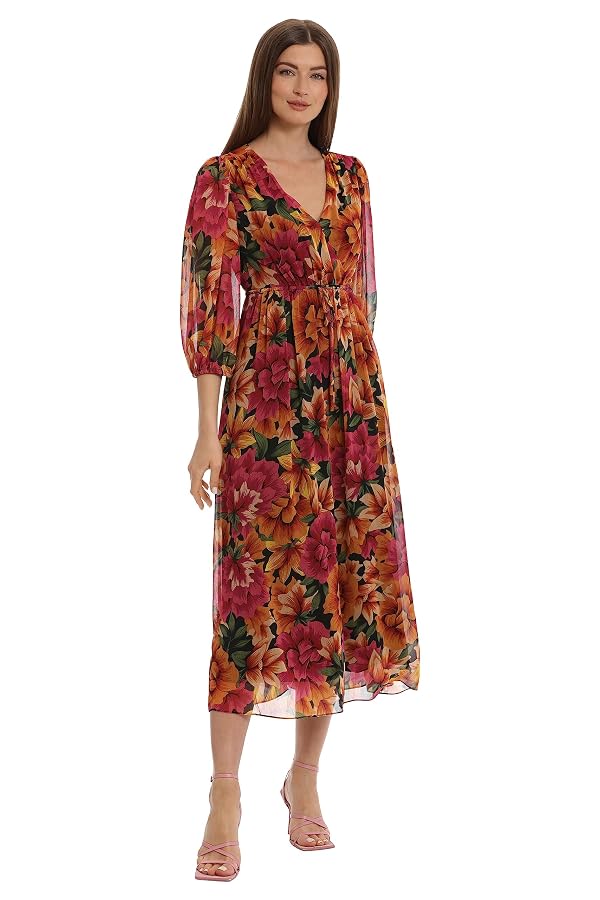 Maggy London Women's Dresses V-Neck Midi with Drawstring Waist Event Occasion Party Guest of Wedding Black/Tan by Maggy London - Used condition - US$127.51
