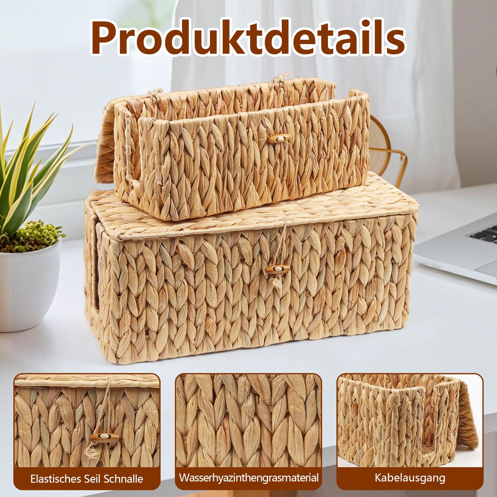 2 Pièces Boîte à Câbles,Boîte De Rangement pour Câbles en Jacinthe D'eau Tressée Naturelle, Boîte de Rangement pour Câbles Sous le Bureau Avec Couvercle en Bambou,pour Le Bureau,La Maison