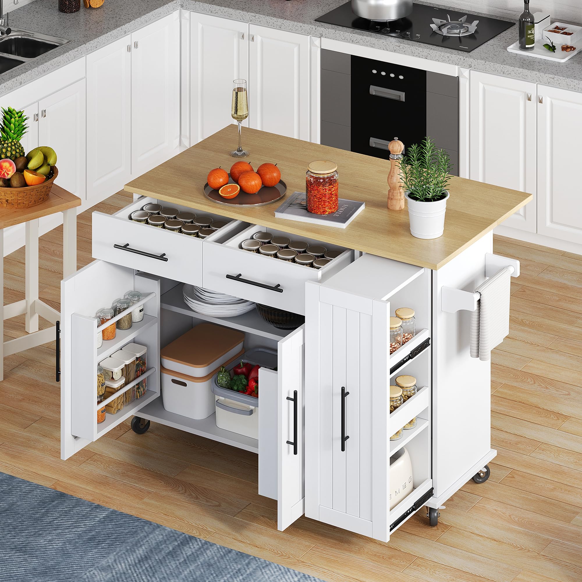 Kitchen Island on Wheels, Rolling Kitchen Storage Trolley with Foldable Tabletop, 3-in-1 Multifunctional Dining Table with Shelves Drawers Towel Rail & Spice Rack, Serving Cart Extendable (White-I) โ image 1