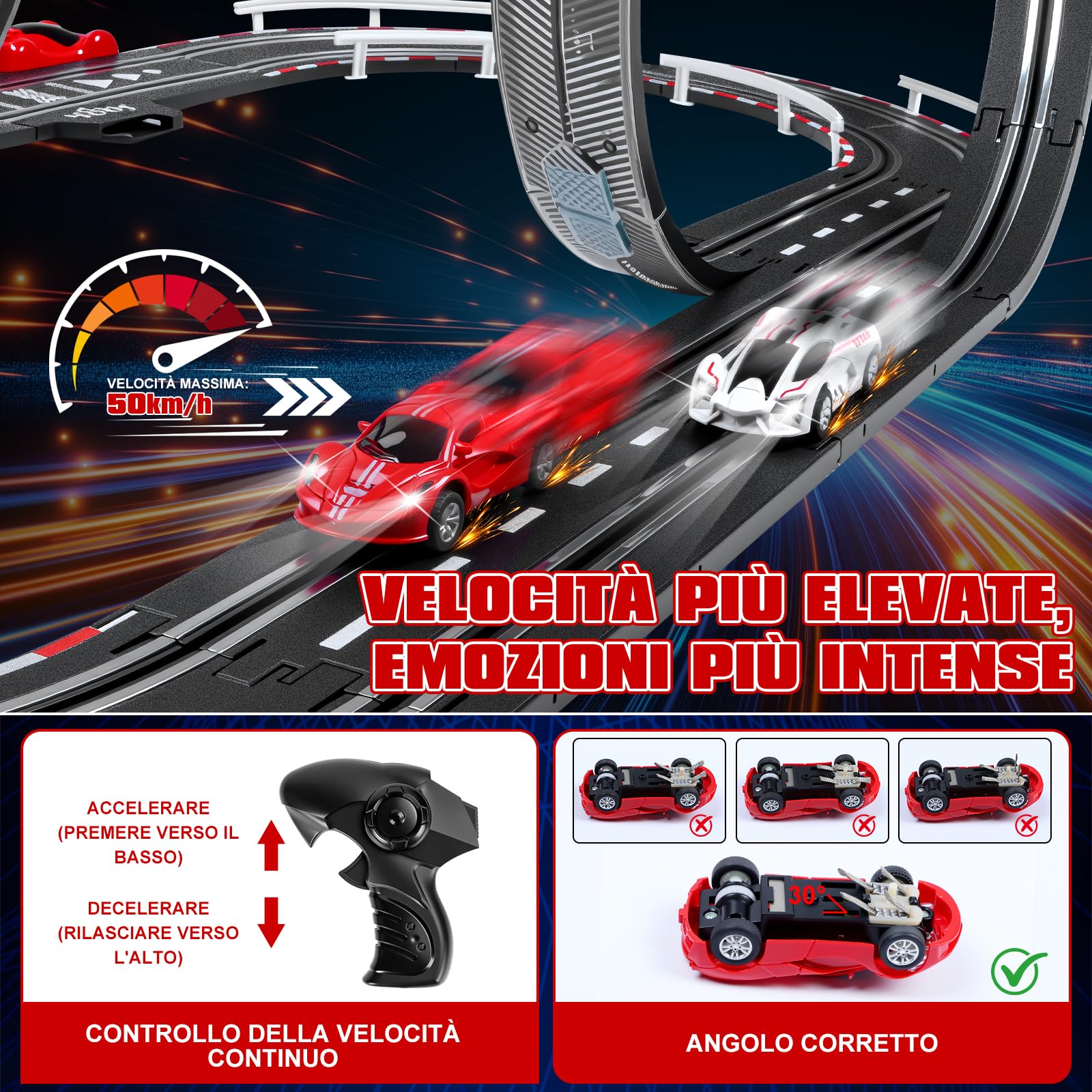 Piste Corsa Elettriche, Illuminato Pista Macchinine Piste Auto Bambini - 4 LED Macchine, Spina, 360° Cerchio, Comandi, Contatore, Piste Corsa Bambini 3 4 5 6 7 8 Anni Giocattoli Regali (S)