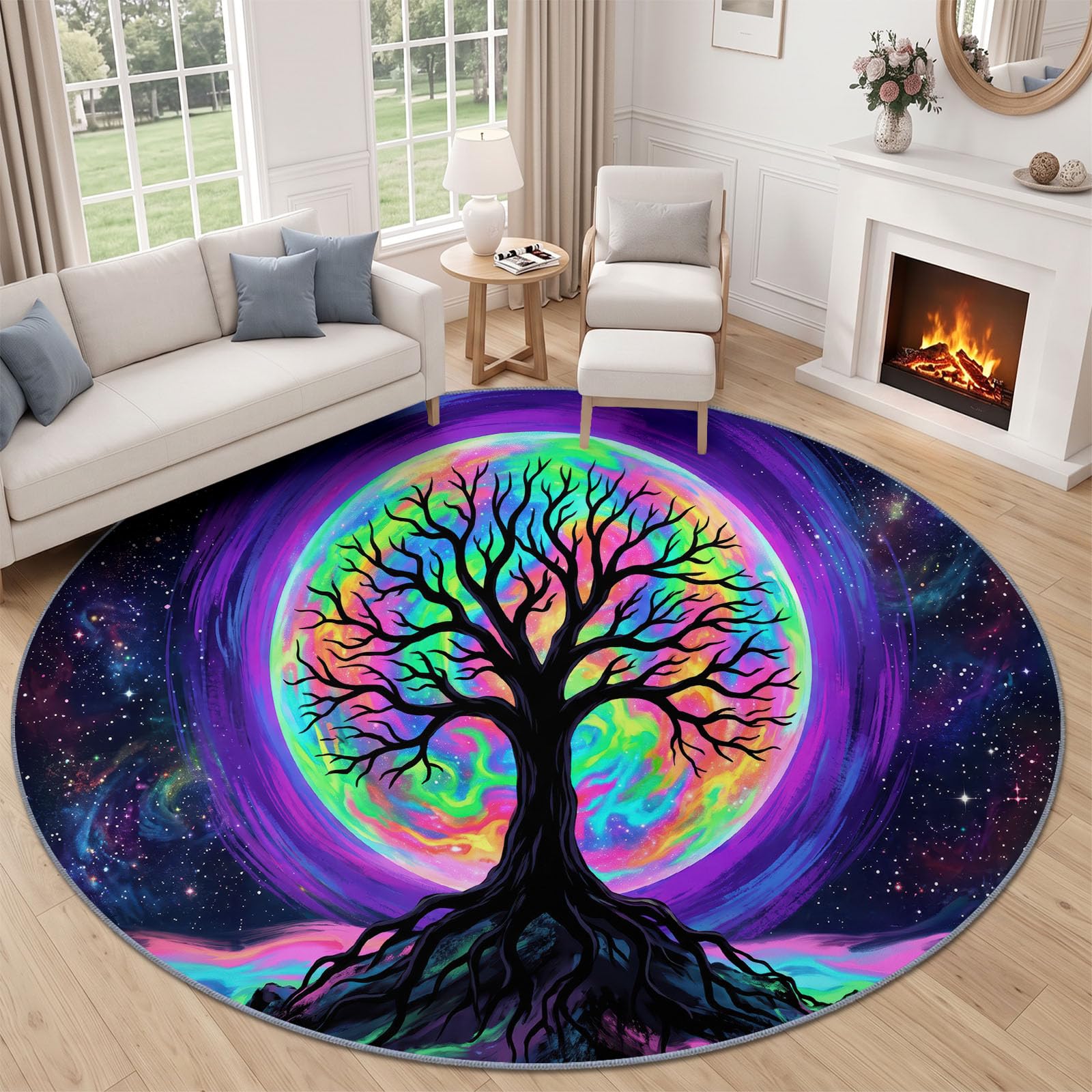 Générique 150 cm Tapis Rond De Style Fantaisie Tapis Arbre De Vie Lune Galaxie Ultra Fin, Doux, Antidérapant, Lavable - Convient pour Chambre à Coucher Entrée Salle à Manger Dortoir Familial