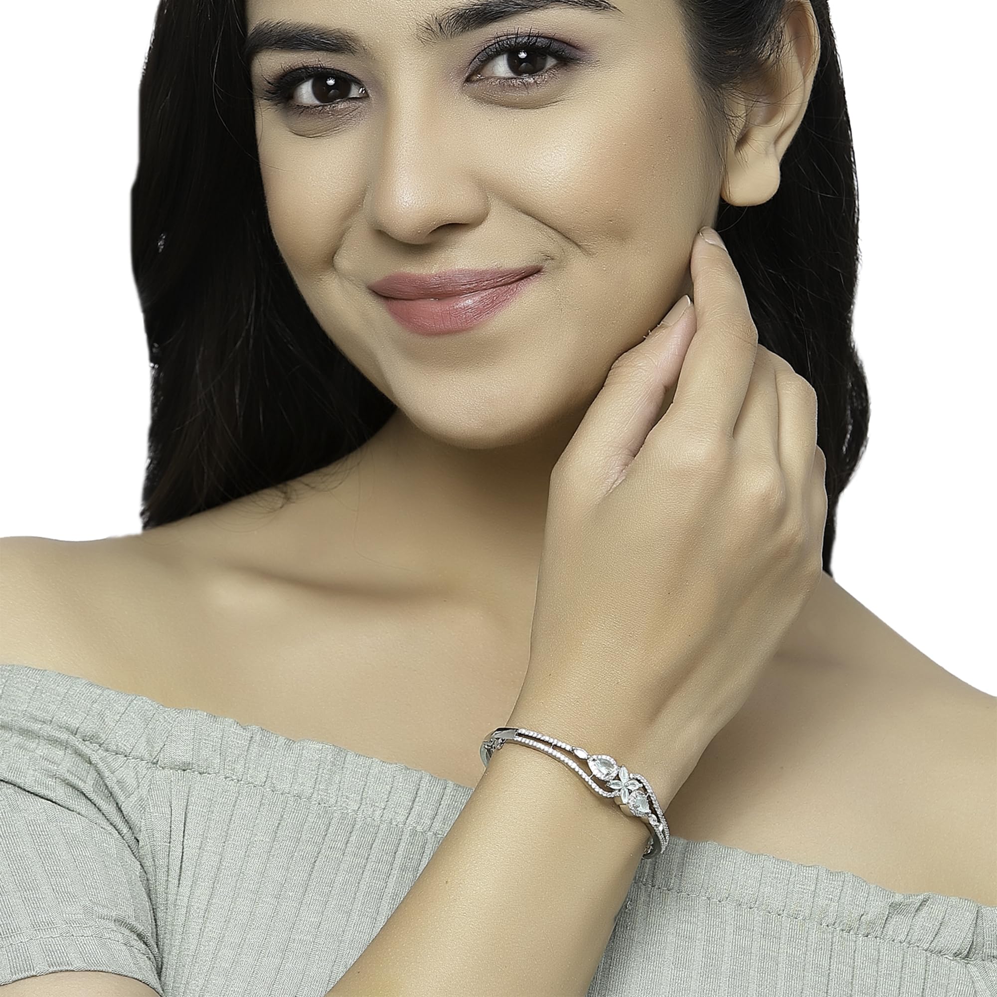 Rhodium-Plated Leaf Kada Bracelet (Sea Green)