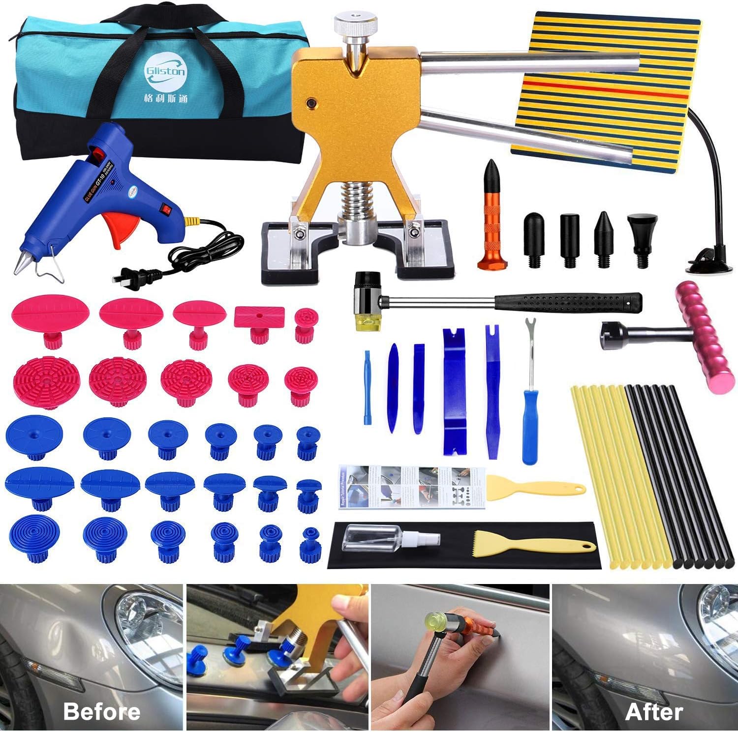 YOOHE 59 PCS Auto Body Paintless Dent Repair Tool Kits – Gold Dent Lifter Dent Puller Kit with LED Light Line Board for Car Dent Removal and Hail Damage