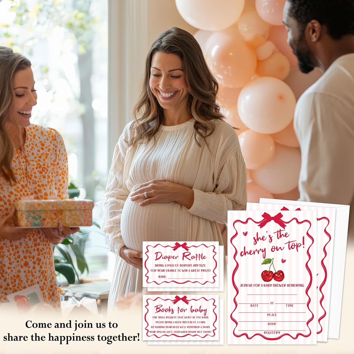 She's the Cherry on Top Baby Shower Invitations - 25 Cherry Theme Invites with Envelopes, Diaper Raffle Tickets, Book Request Cards, Party Decorations Supplies Favors -01