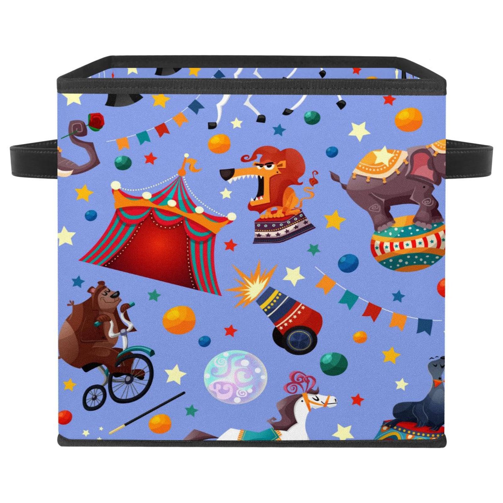 Panier de rangement en tissu violet à motif cirque animalier ludique