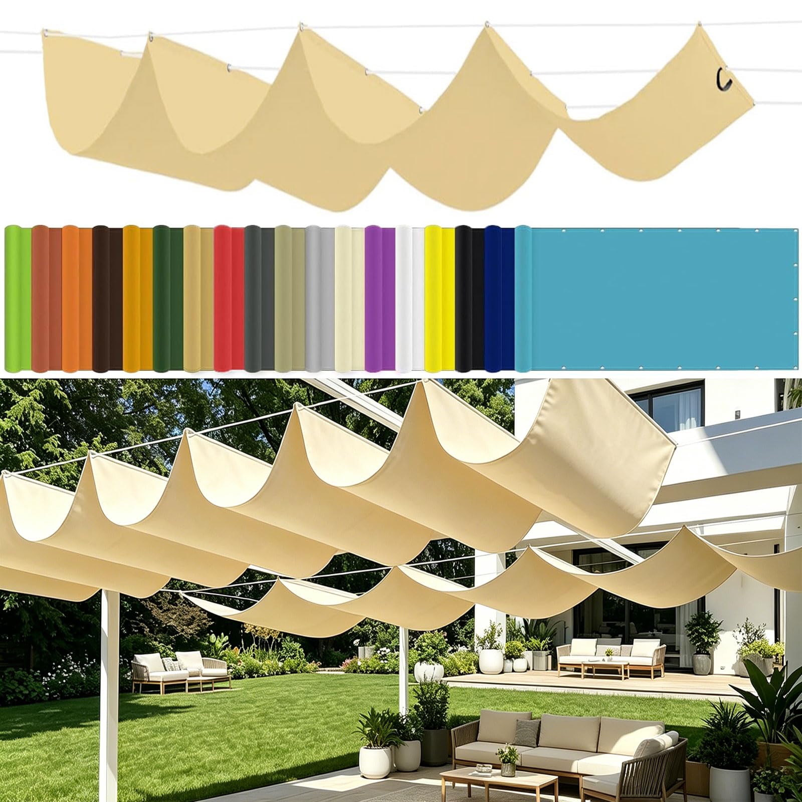 Voile ombrage rétractable vague crème anti UV pour protéger votre terrasse du soleil