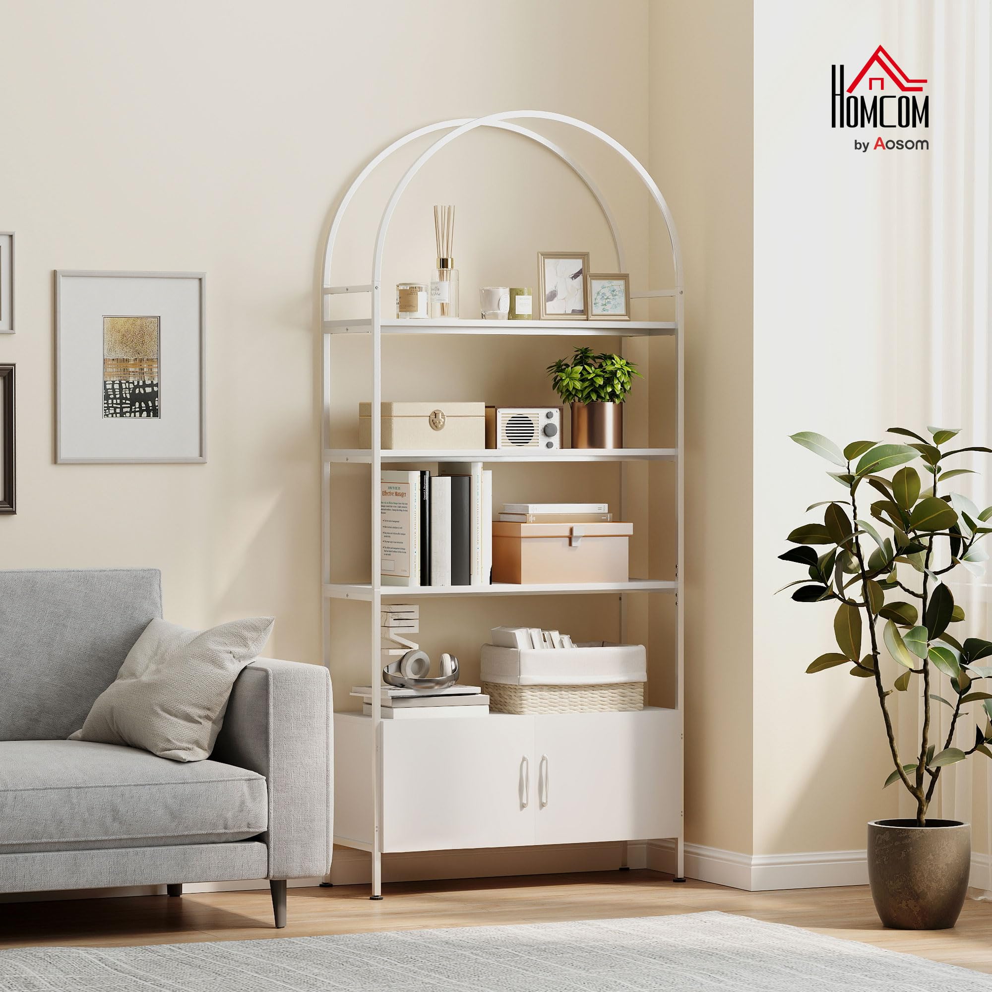 HOMCOM Aufbewahrungsregal, geschwungene Bibliothek auf 4 Ebenen mit zweitürigem Schrank, verstellbare Kufen, Stahlstruktur, für Büro, Wohnzimmer, Schlafzimmer, 80 x 30 x 187 cm, weiß | 4 Ebenen, Schrank mit Doppeltür, verstellbare Kufen, Struktur aus Stah
