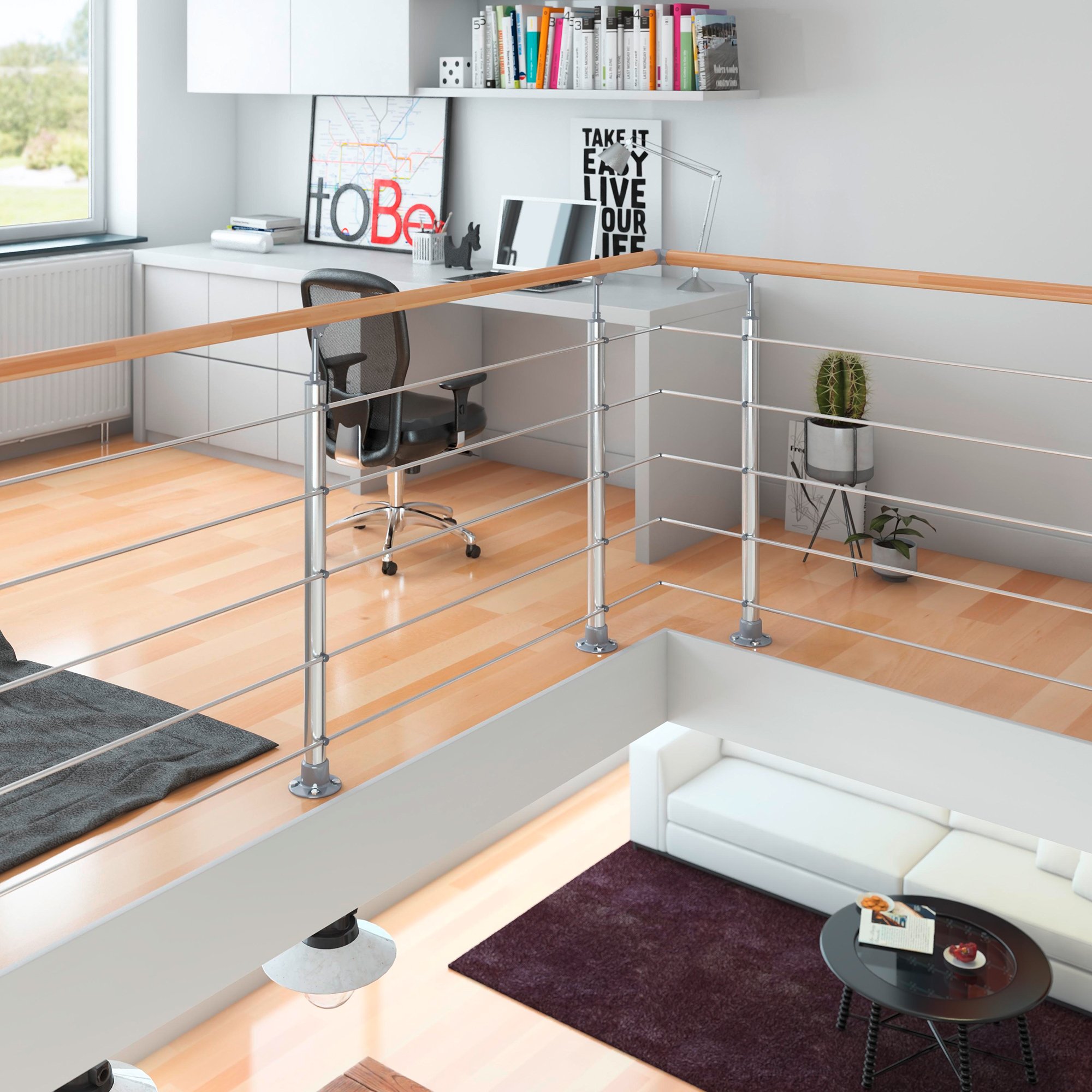DOLLE Aluminium Geländer-Set Handlauf aus Buche Füllstäbe aus Edelstahl aufgesetzte Montage 150 cm