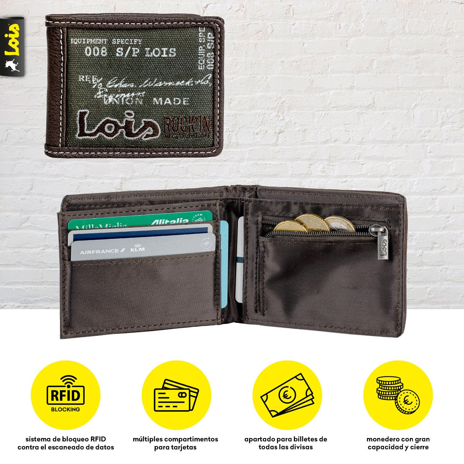 Lois - Cartera Juvenil Marron De Lona-PVC Resistente para Chico Deporte Casual con Bolsillo Monedero Cremallera Ideal para Adolescente Y Jovenes