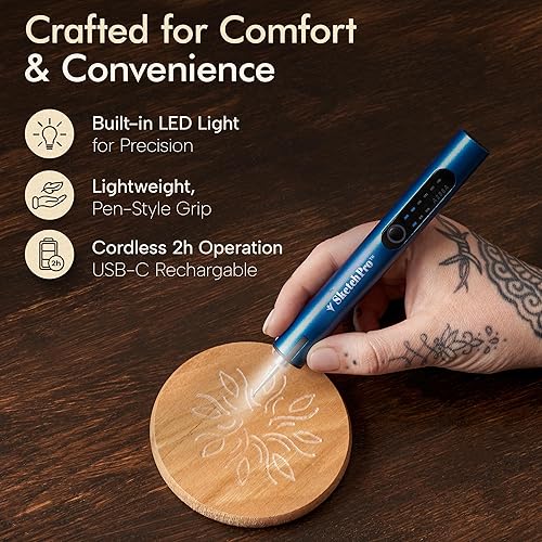Miniatura 6 de SketchPro - Bolígrafo de grabado inalámbrico con luz LED, herramienta de grabado de precisión de 3 velocidades para madera, metal, vidrio y