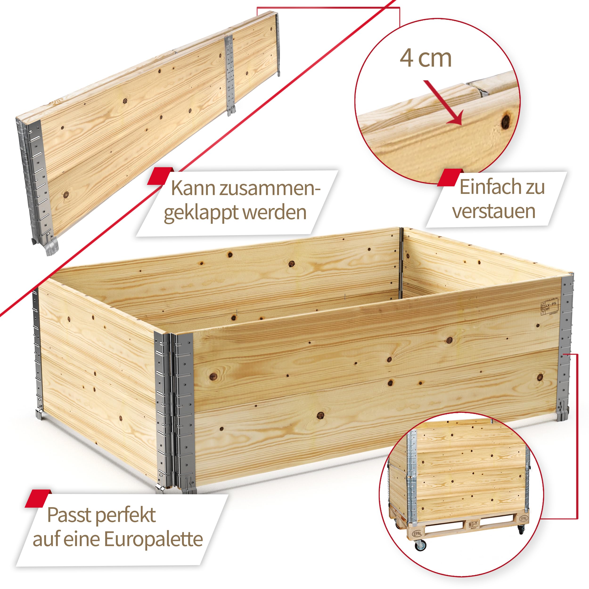 Schroth Home Hochbeet 120x80x40cm groß - rechteckig - Palettenrahmen aus Holz - Hochbeet für Garten - faltbar - steckbar & stapelbar - Aussenbereich (1x Hochbeetrahmen 120x80x40)