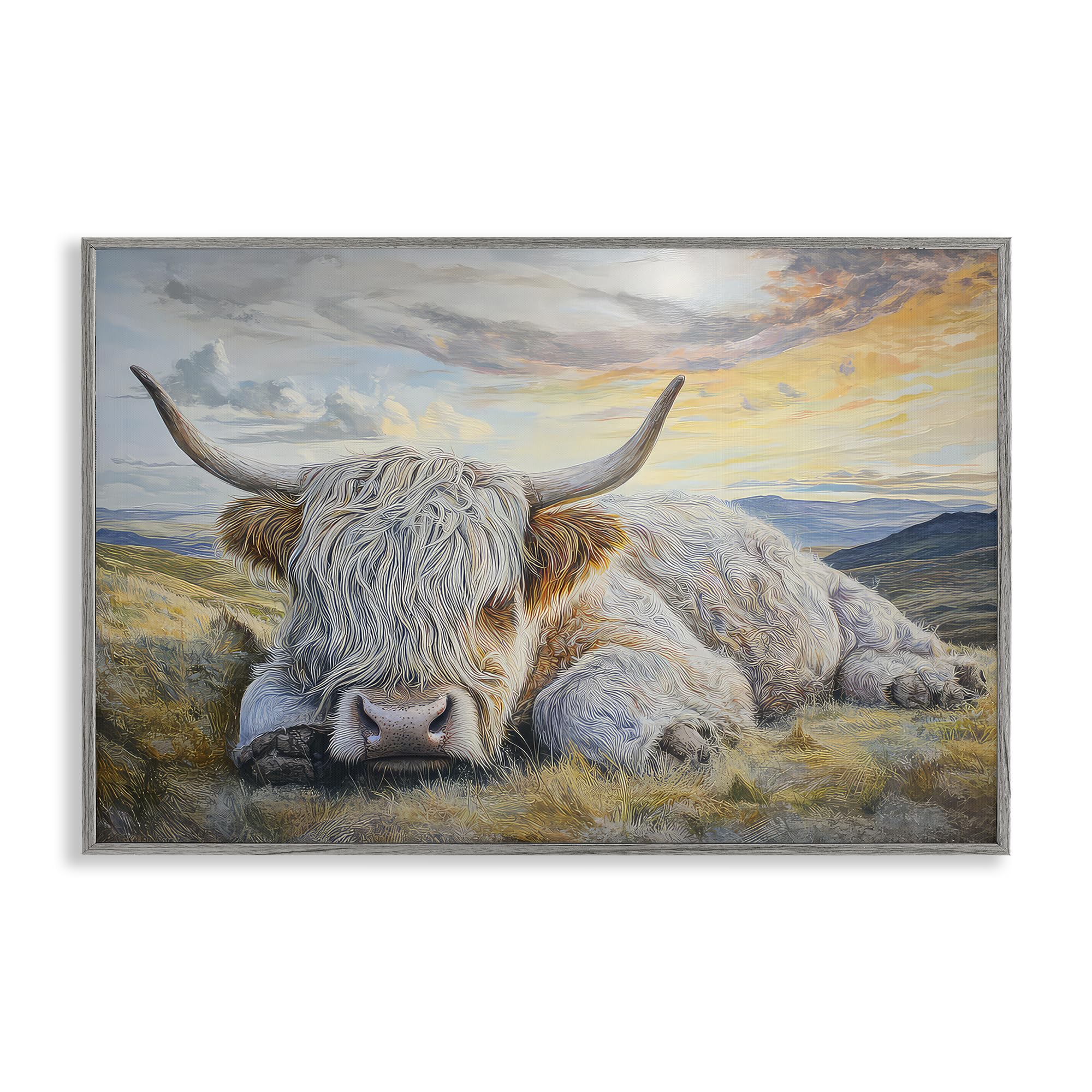 Stupell Industries Sleeping Highland Cow Sunset Sleeping Highland Cow Pastoral, 12 X 18 Inch Framed Giclée Print