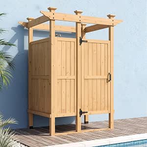 Outdoor Shower Enclosure with Lockable Door, Privacy, Free Standing, Cedar Wood, Corner Storage Shelves & Hooks