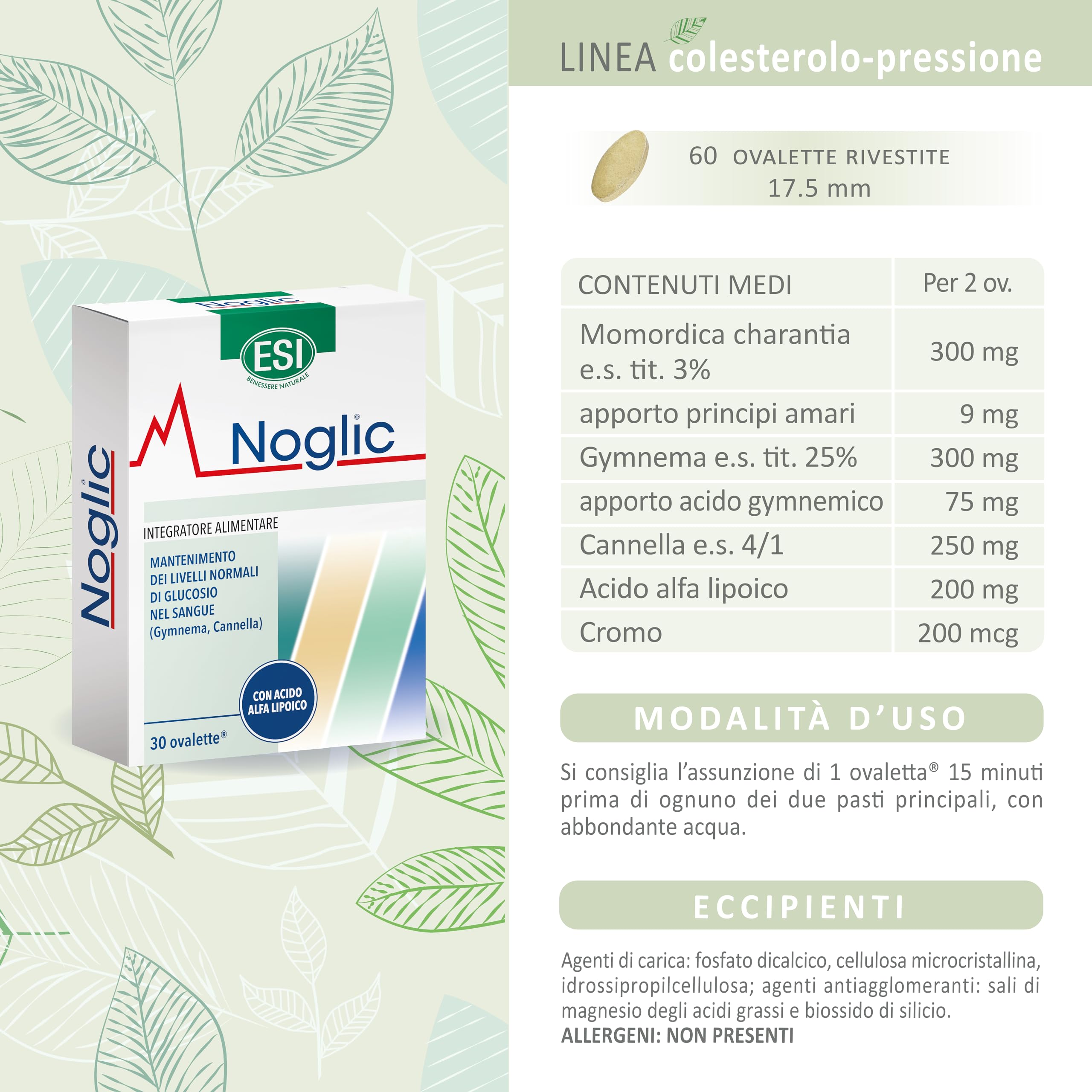 ESI - Noglic, Integratore Alimentare Con Gymnema Silvestre E Cromo, Mantiene I Livelli Di Glucosio Nel Sangue, Clinicamente Testato, Senza Glutine E Vegan, 30 Ovalette