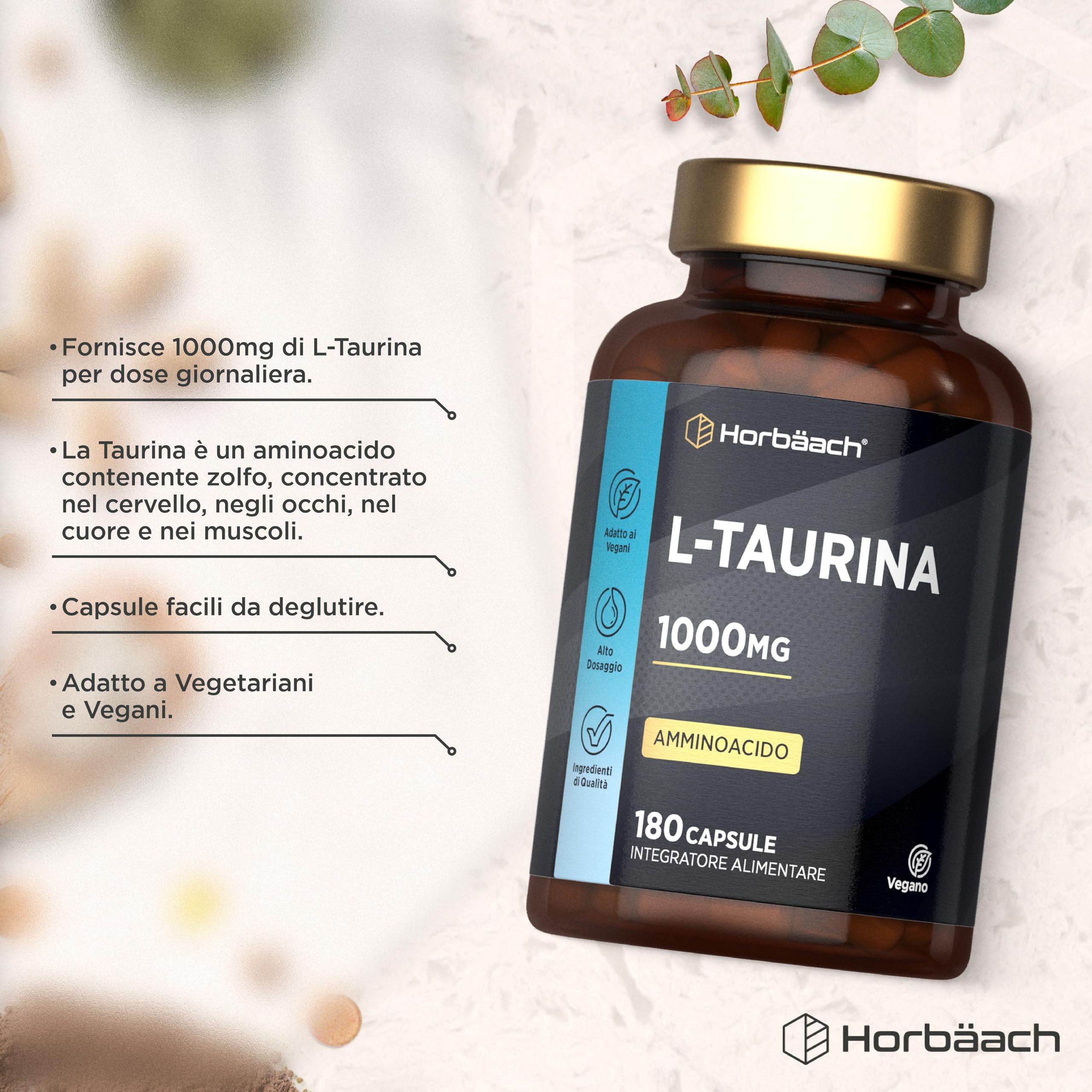 Taurina 1000 mg per Dose | 180 Capsule Vegane per 3 Mesi | Aminoacidi Essenziali Pre Workout Post Workout | L-Taurine Amino Acid | di Horbaach