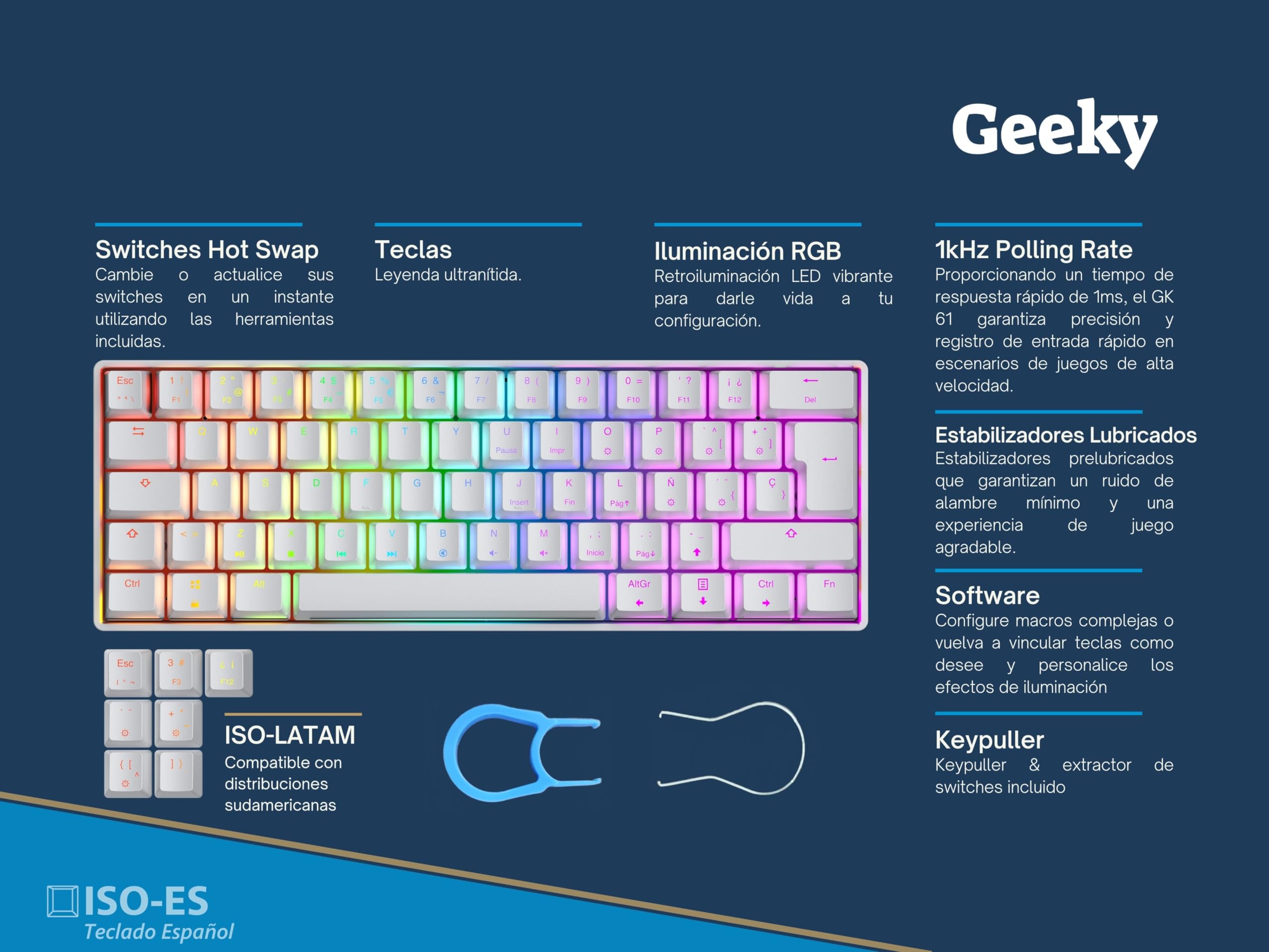 Geeky GK61 60% | Hot Swappable Tastiera da Gioco Meccanica | 62 Tasti Multi Colore RGB LED Retroilluminati per Gaming su PC/Mac | ISO ES Tastiera Spagnola + LATAM (Bianco, Mechanical Speed Silver)