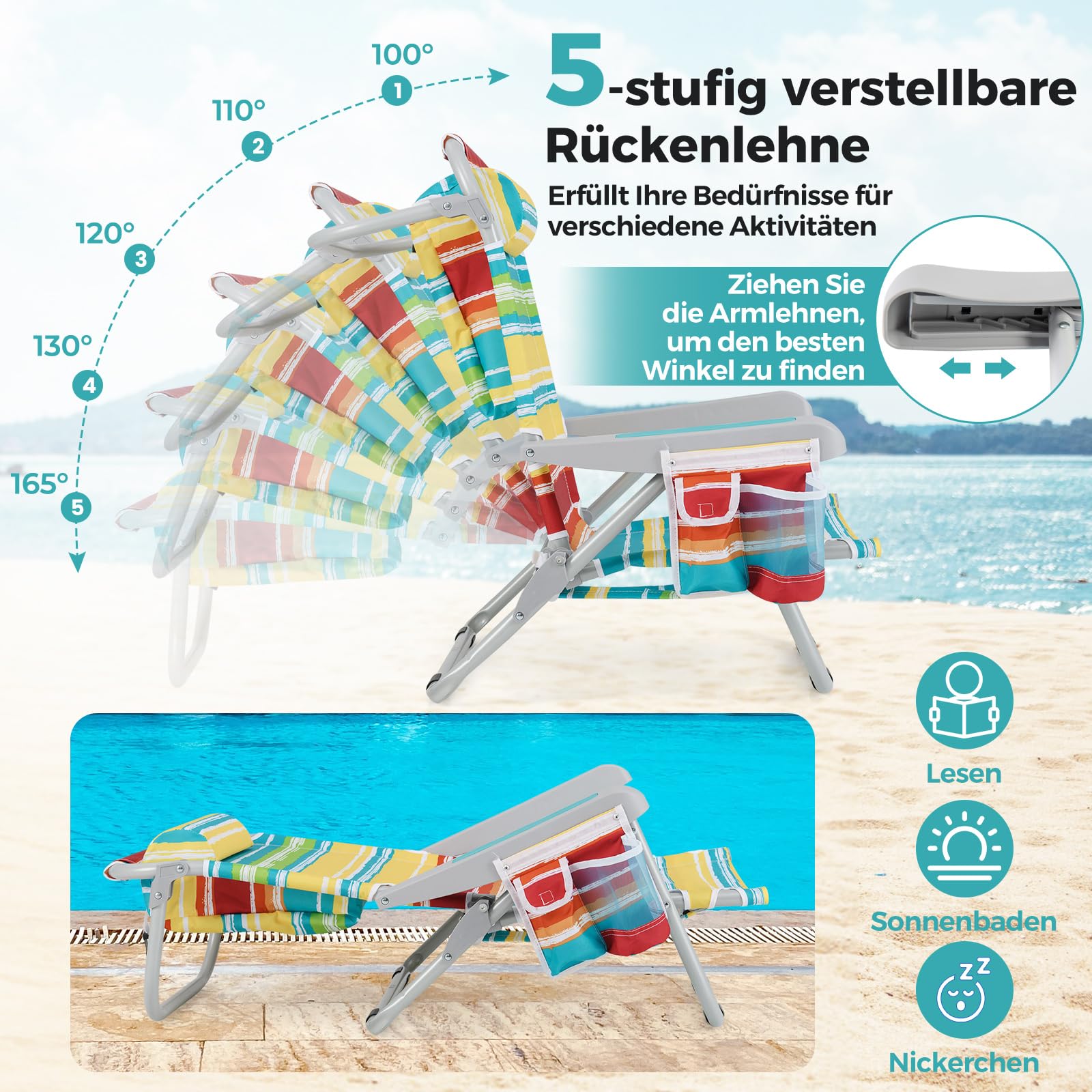 COSTWAY Strandstühle klappbar leicht, 2er Set, Campingstühle mit Verstellbarer Rückenlehne, Kopfstütze, Seitentaschen, Schultergurten, Handtuchhalter & Armlehnen, Klappstühle, Outdoor-Stühle, Bunt