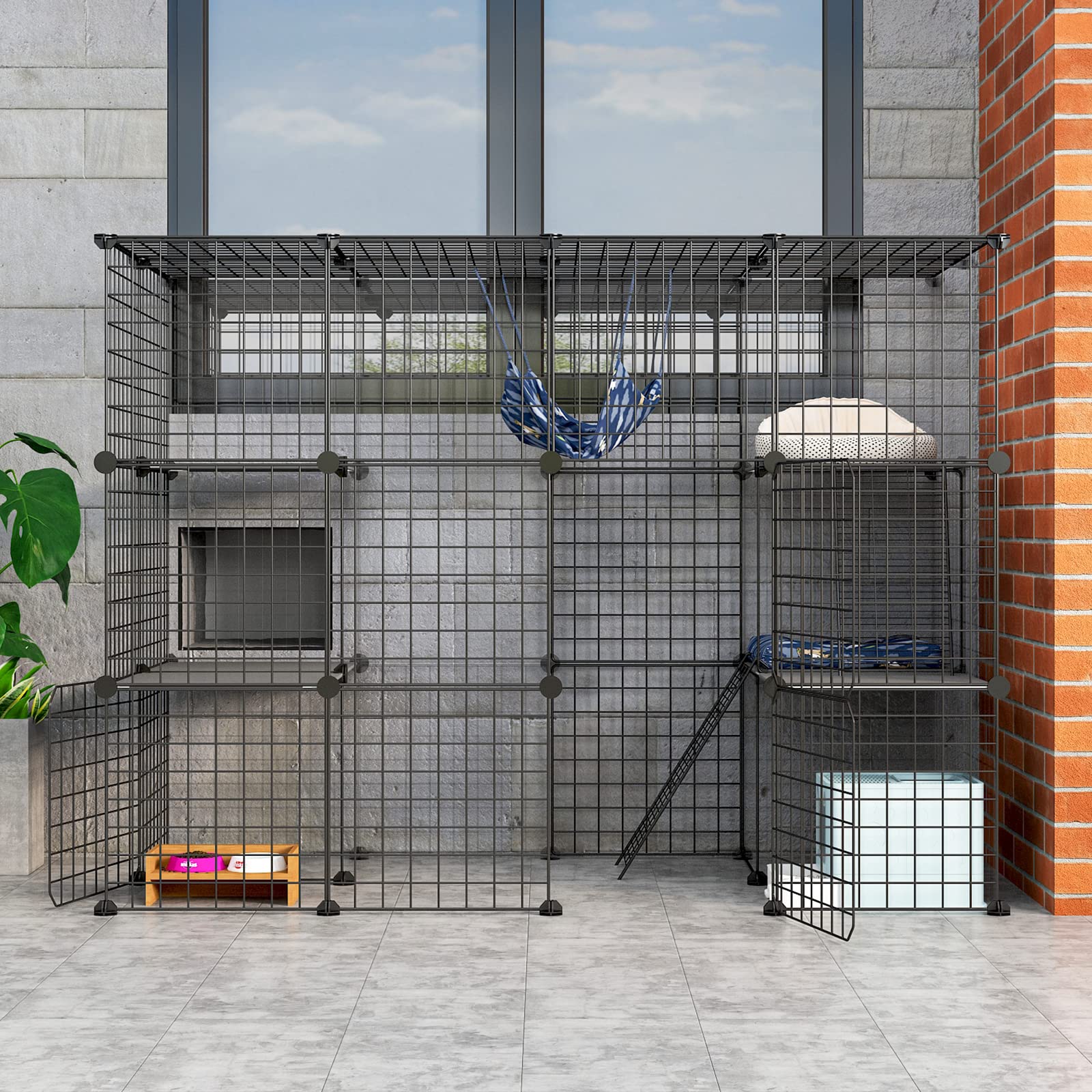 OneluckCat Crate with Super Large Entrance Door, 55" L x 28" W x 41" H, Cat Playpen with Platforms, Box