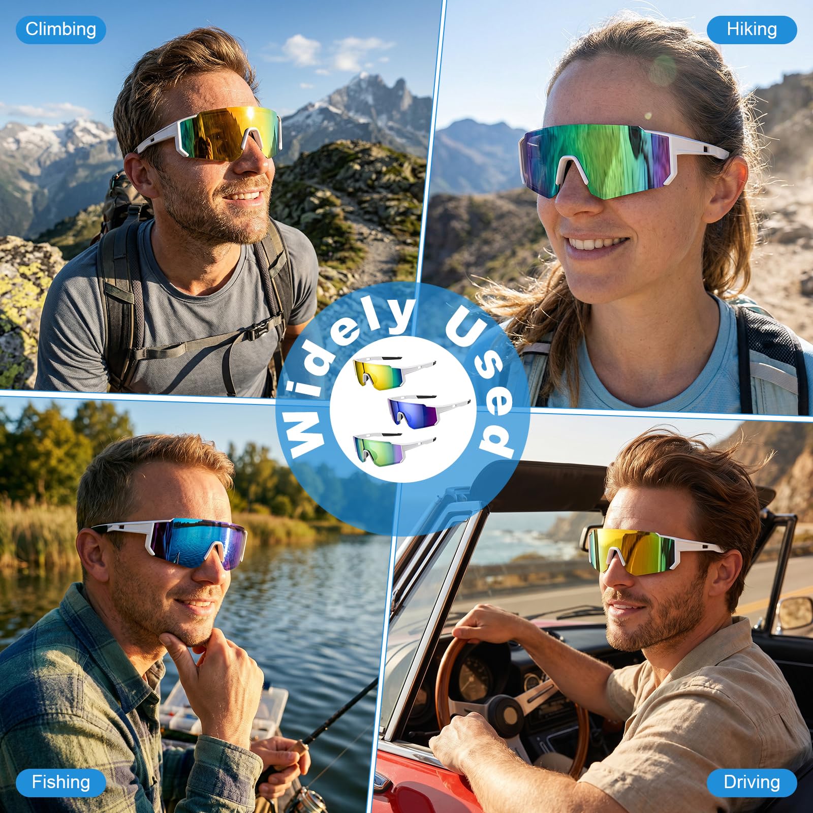 Lot de 3 Lunette de Vitesse, Protection UV400 Lunette Running Femme Homme, Ultra-Léger Lunette Velo, Lunettes de Cyclisme avec Plaquettes Nasales Réglables, pour Vtt, Cycliste, Randonnée, Ski