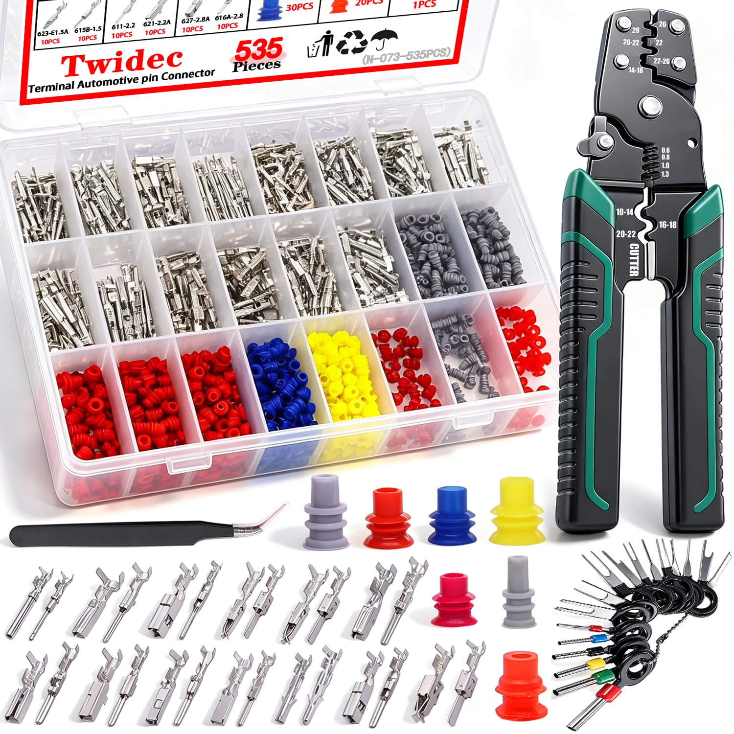 Twidec 535 Stück Kfz-Elektrokabelklemmen-Steckverbinder-Set, 1/1,5/1,8/2,2/2,8/3,5 mm, 26 Typen männliche und weibliche Anschlüsse, Stiftklemme, Auto, nicht isoliert, Steckerentfernung, Crimpstifte
