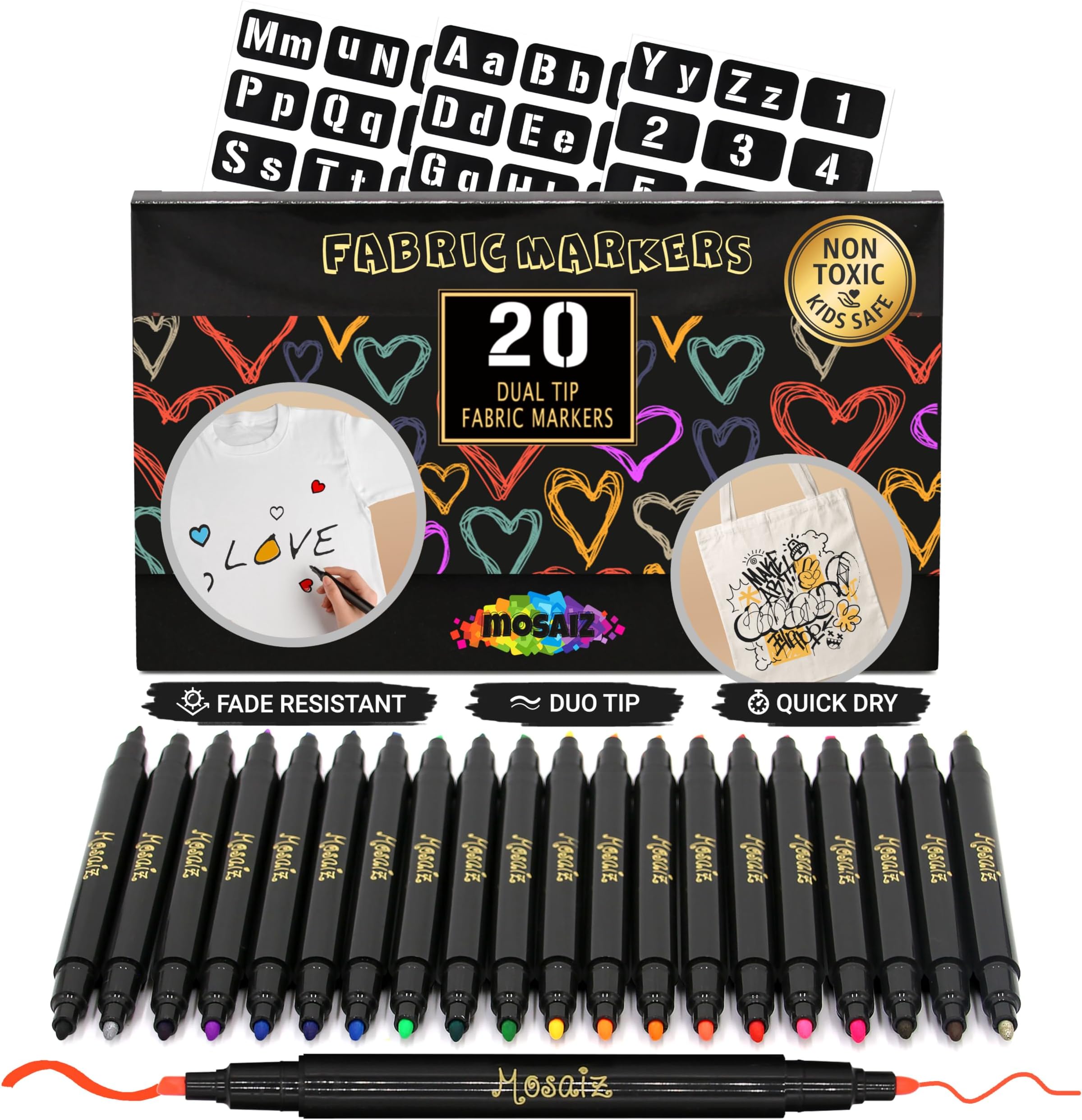 Dual Tip Fabric Markers, 20 Chisel and Fine Tip Markers Fabric Paint Pens for Fabric Decorating with Gold and Silver Colors including Numbers and Letter Stencils