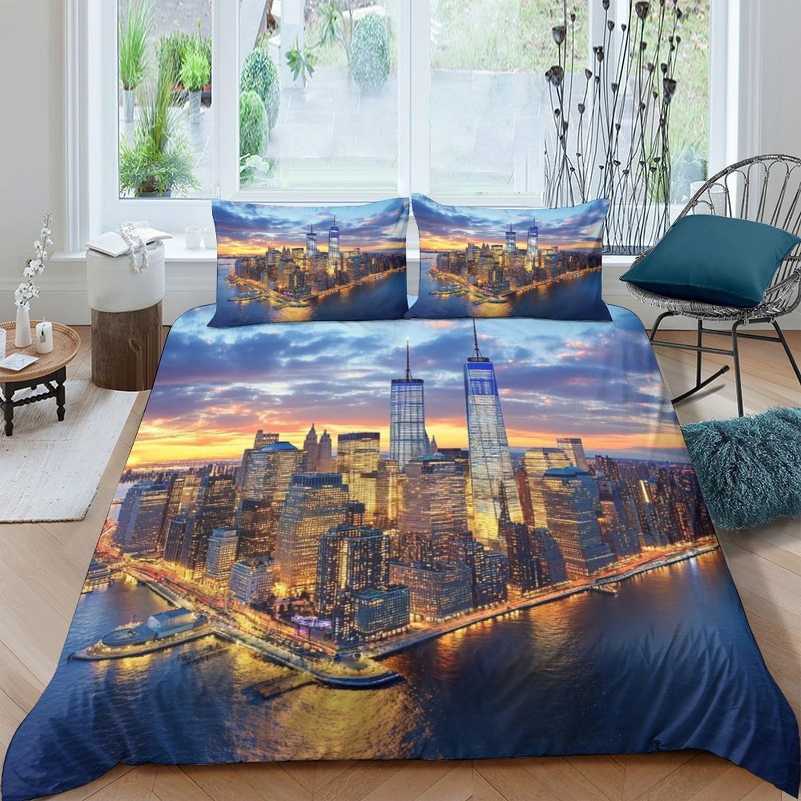 Ctjqhvkz Style-1 3D Printed New York City Nightscape Fitted Sheet Microfiber Soft Urban Skyline Mattress Cover Bedroom Decor Single（135X200cm）