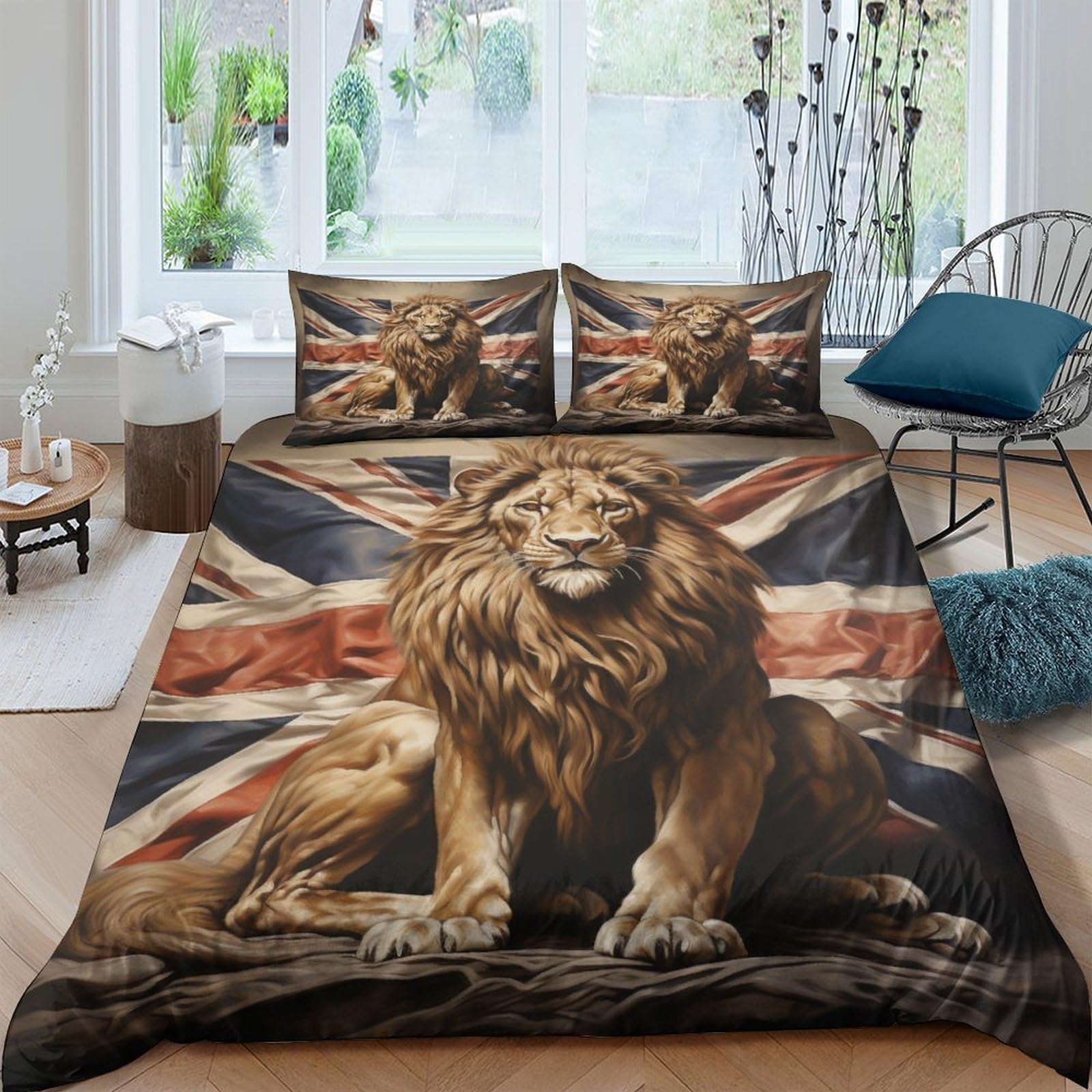 Lion Duvet Cover Set 3D Bedding Set Decorative Microfiber Polyester British Flag Comforter Cover with Pillow Shams,3 Piece Set Quilt Cover Double（200x200cm）