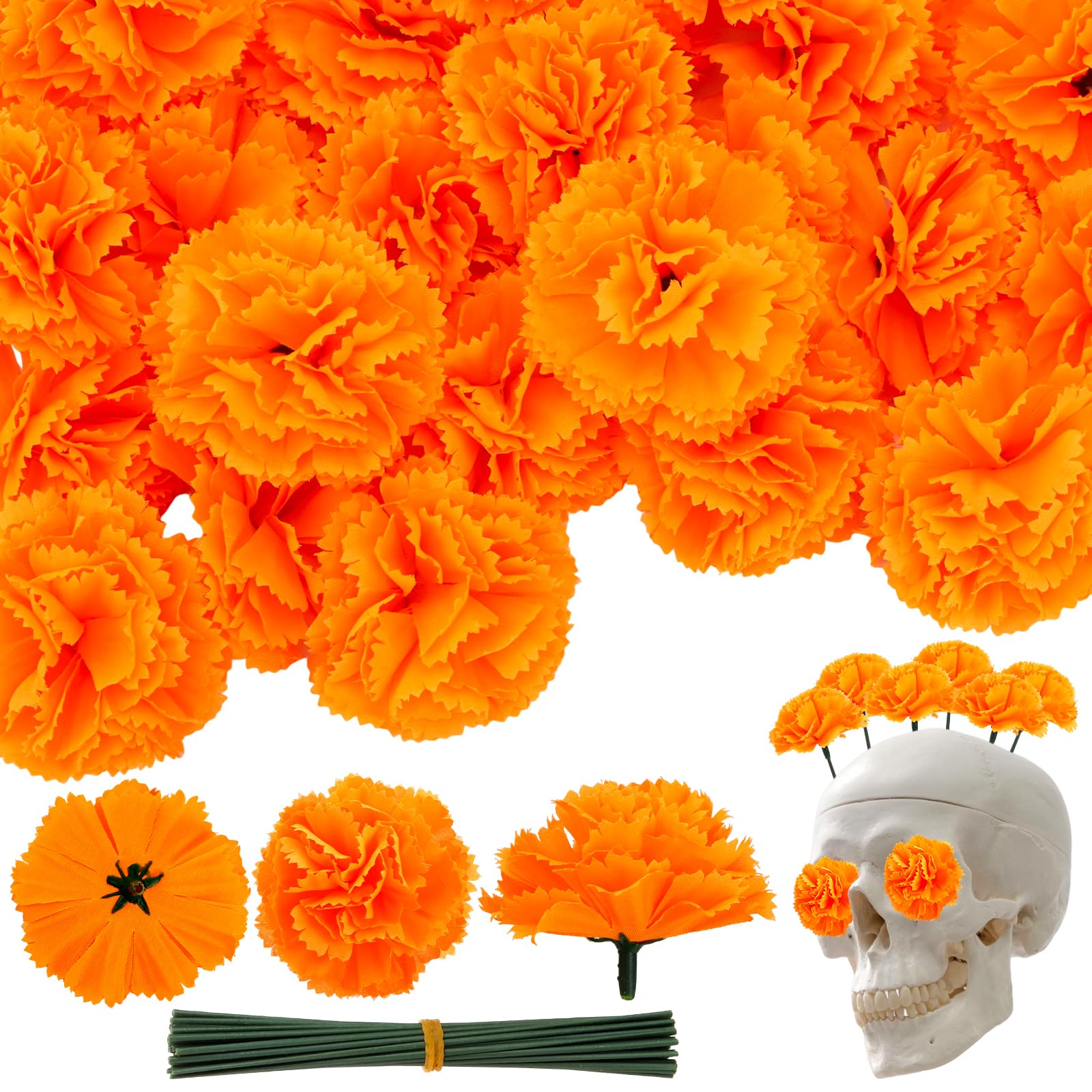 2.17" 50Pcs Orange Artificial Marigold Flowers with Stems for Halloween