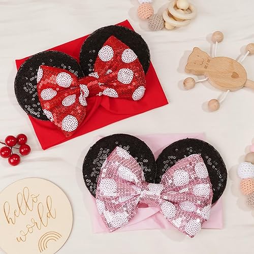 Miniatura 6 de 3 diademas grandes con orejas de ratón para bebé y niña, con lazo de lentejuelas, banda ancha de nailon turbante, diadema de parque temático,