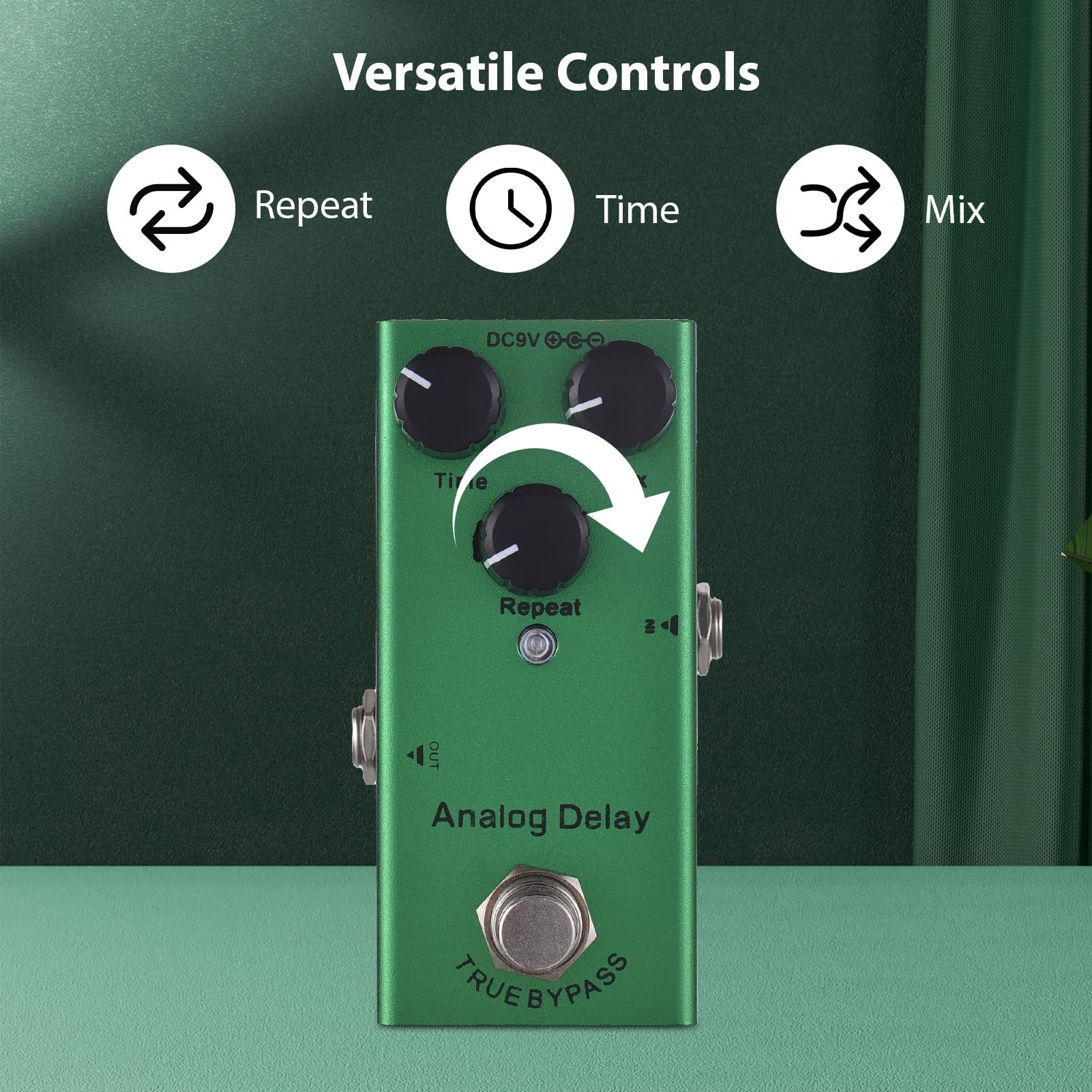 Analog Delay Guitar Effects Pedal with Time Mix Repeat Controls Knob DC 9V 6.35mm Input Output Electric Guitar Effector True Bypass Green Mini Aluminum Design