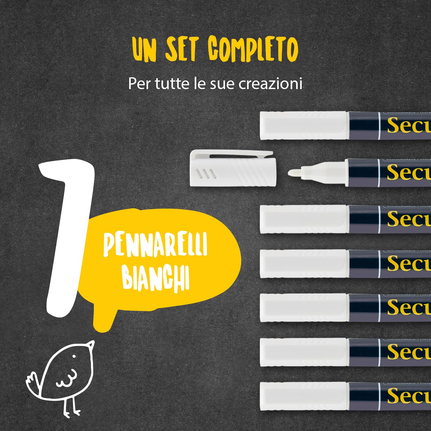 SECURIT Set 7 Pennarelli A Gesso Liquido Bianco Punta Fina 1-2mm Per Lavagne Vetro Metallo