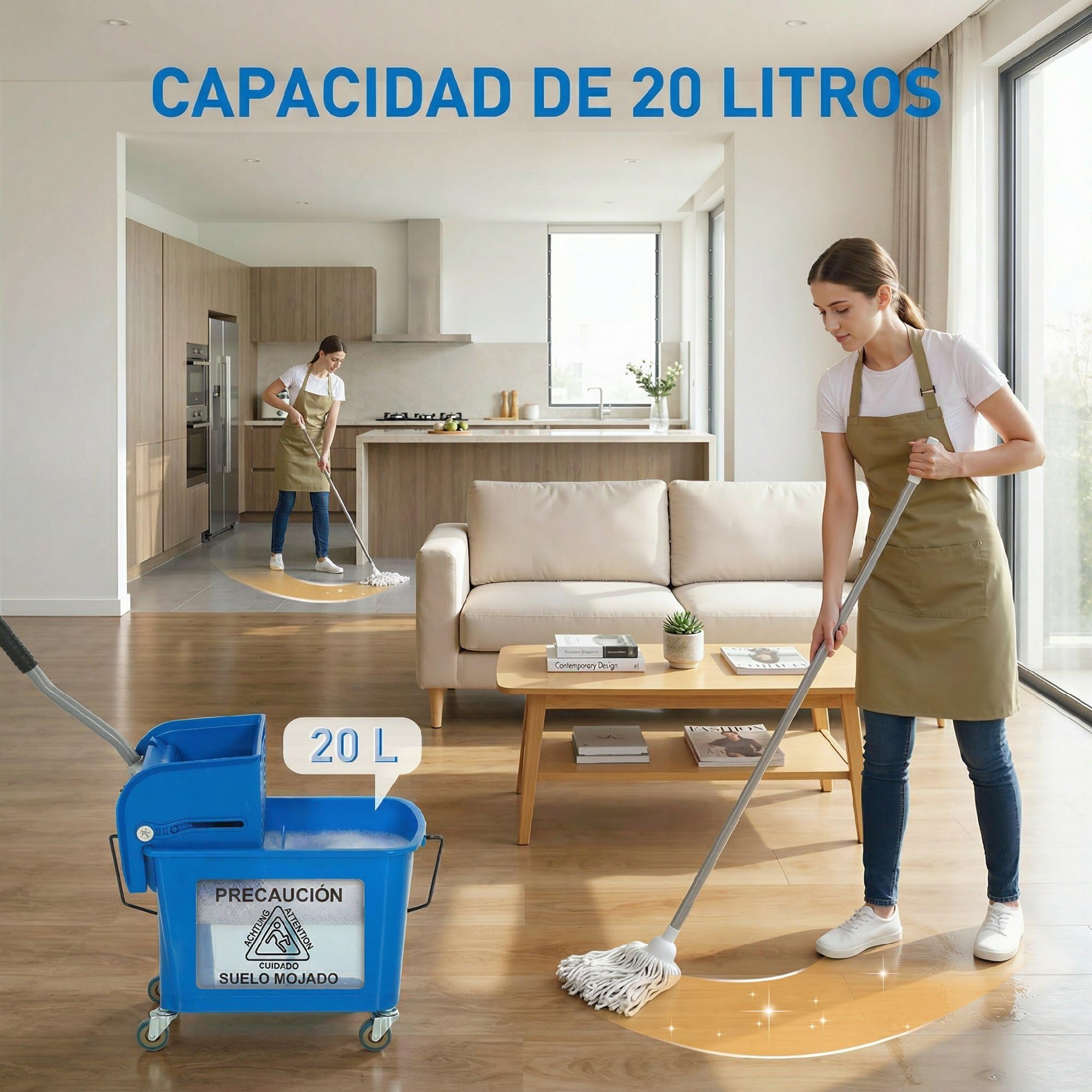 HOMCOM Cubo de Fregona con Ruedas Capacidad de 20 L Cubo de Fregar con Sistema de Escurridor Mopa y Asa de Transporte para Doméstico y Comercial Azul