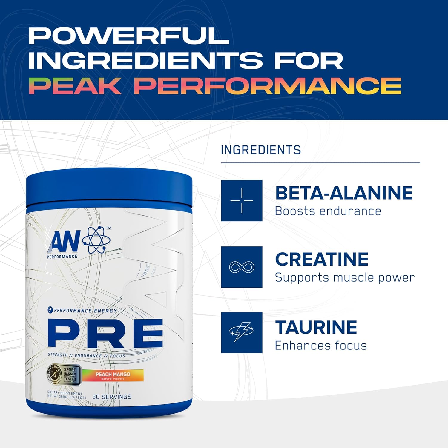AN Performance Pre-Workout Powder Supplement for Men & Women | Energy Drink Mix with 300mg Caffeine + Beta Alanine + Citrulline | Third-Party Tested | Peach Mango | 30 Servings - Image 3