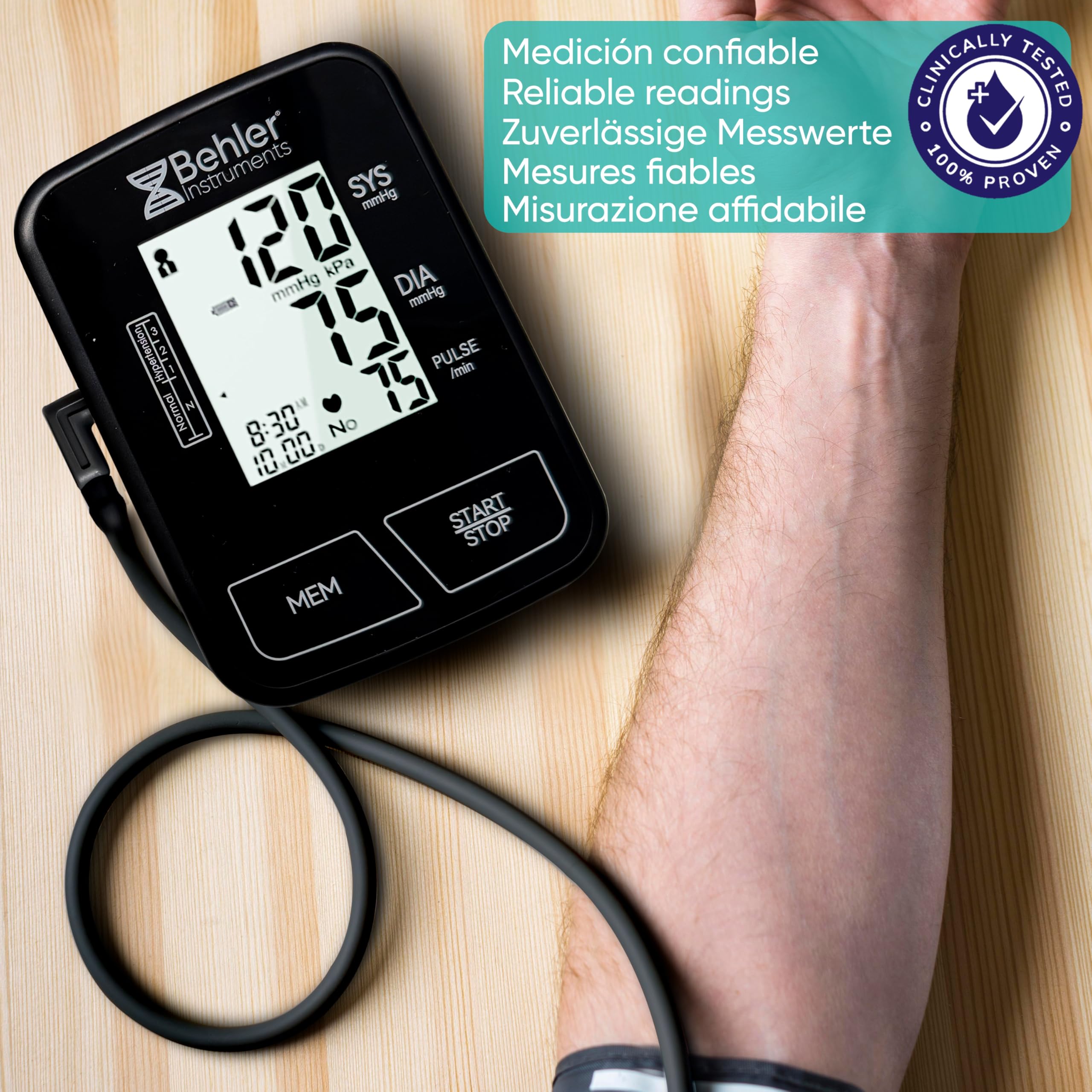 Tensiometro Brazo Digital Behler BDP-12C3 Automático – Medidor de Tensión Arterial con Voz (ES/FR/DE/EN) – Brazalete 22-42 cm – Detección de Arritmias y Promedio