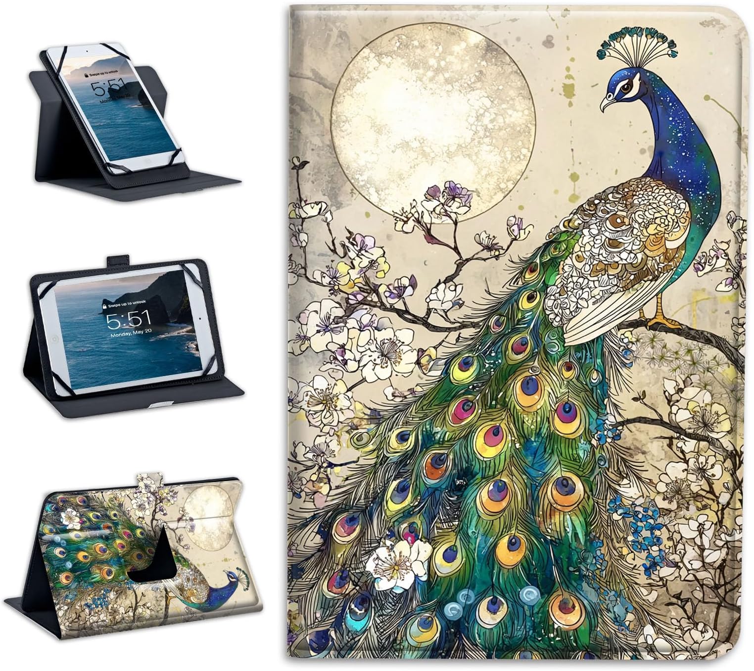 Universal Tablet Case 10.1 Inch Android Tablet Cover 360-Degree Rotation Viewing Stand Folio PU Leather Covers for All Kinds of 9-10.5Inch Android/iOS/Windows Tablets Cases,Peacock with Blossoms