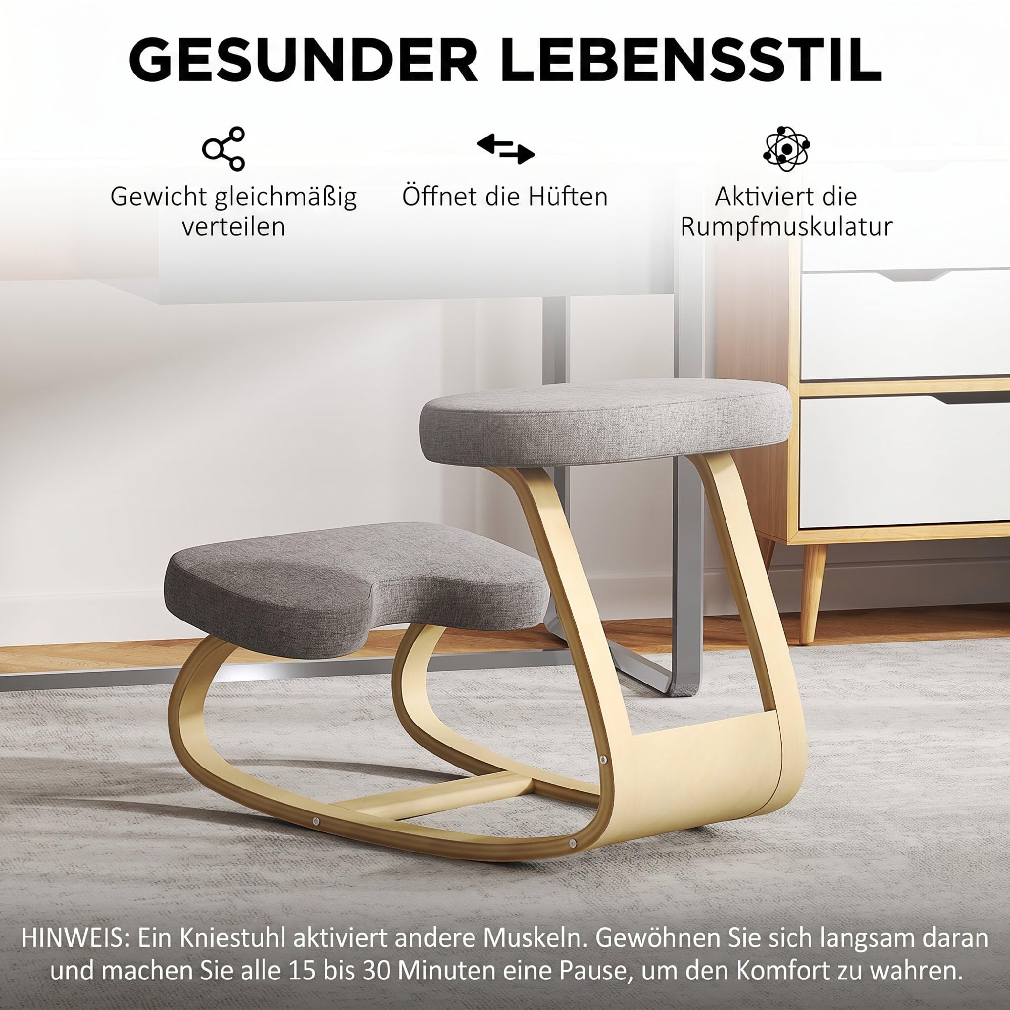 HOMCOM Kniestuhl Ergonomischer Kniehocker Basis aus Birkenholz Grau