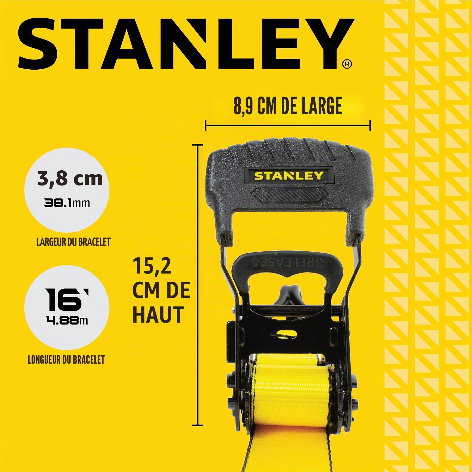 STANLEY S10074 Lot de 4 Sangles d'arrimage à cliquet 3,8 cm x 4,88 m - pour sécurisation de Charges Lourdes (résistance à la Rupture de 1 500 kg) – Noir/Jaune