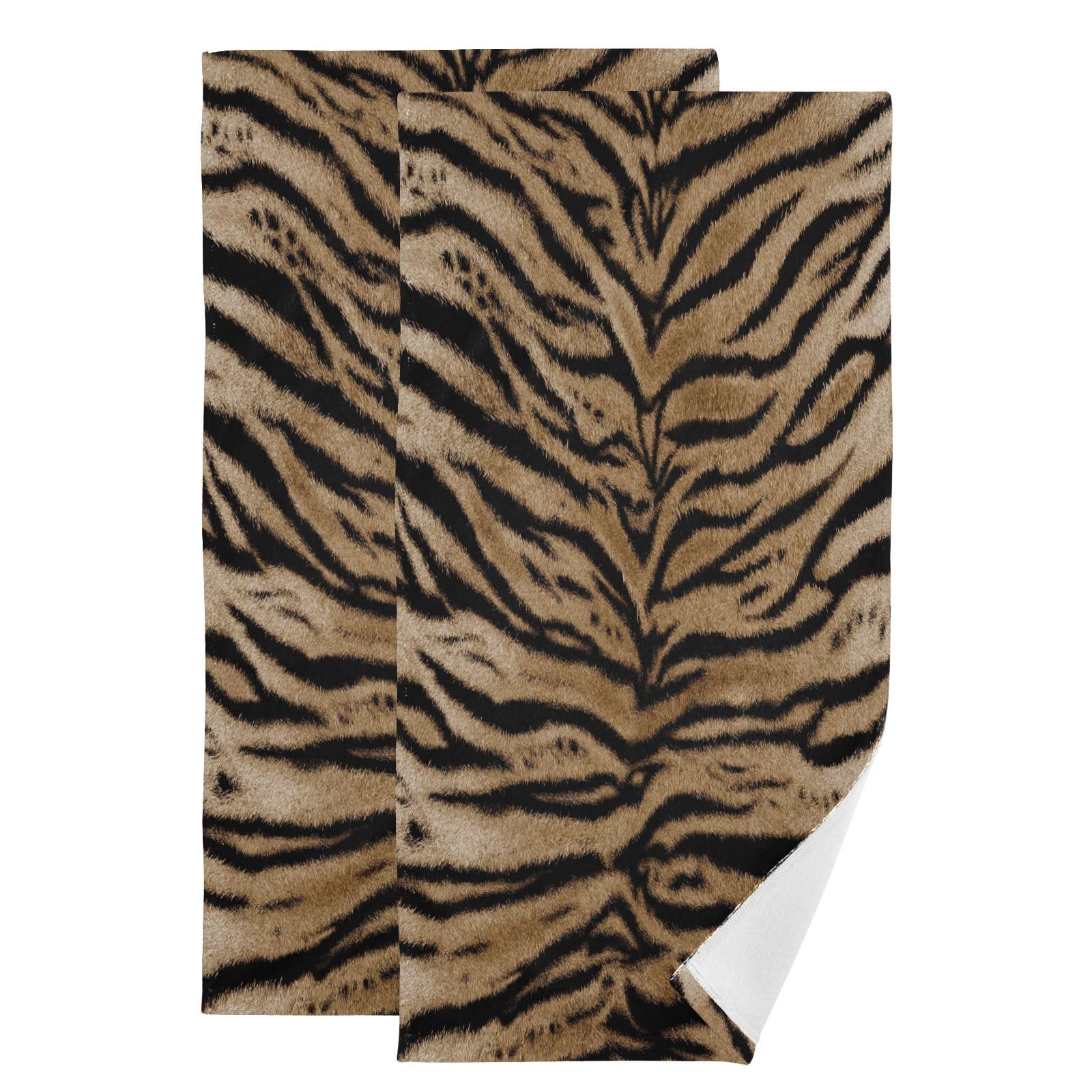 COVASA Brown Black Tiger Skin Print Hand Towels for Bathroom Set of 2,Soft Absorbent Wildlife Animal Fur Farmhouse Kitchen Dish Towels,Decorative
