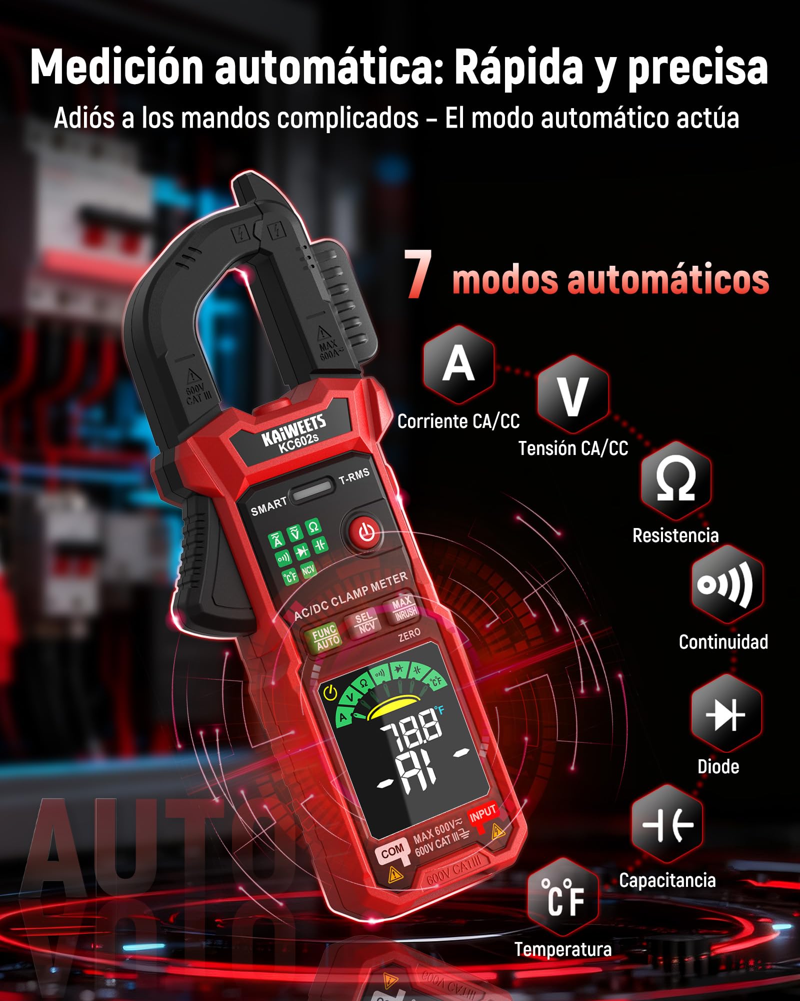 KAIWEETS Tenazas de corriente 600A TRMS, calibrador de corriente digital, 6000 cuentas, CA/CC, NCV