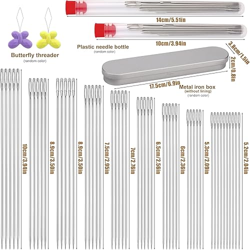 Miniatura 2 de 50 agujas de coser grandes de 9 tamaños, agujas afiladas de acero inoxidable, agujas de bordado de ojos grandes para coser a mano con 2 enhebradores