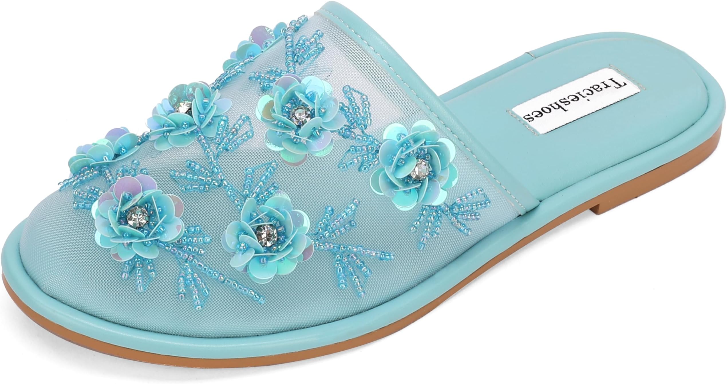 Women's Mesh Flat Slippers Slip-On Slide Sandals with Sequin Floral Chinese Slippers