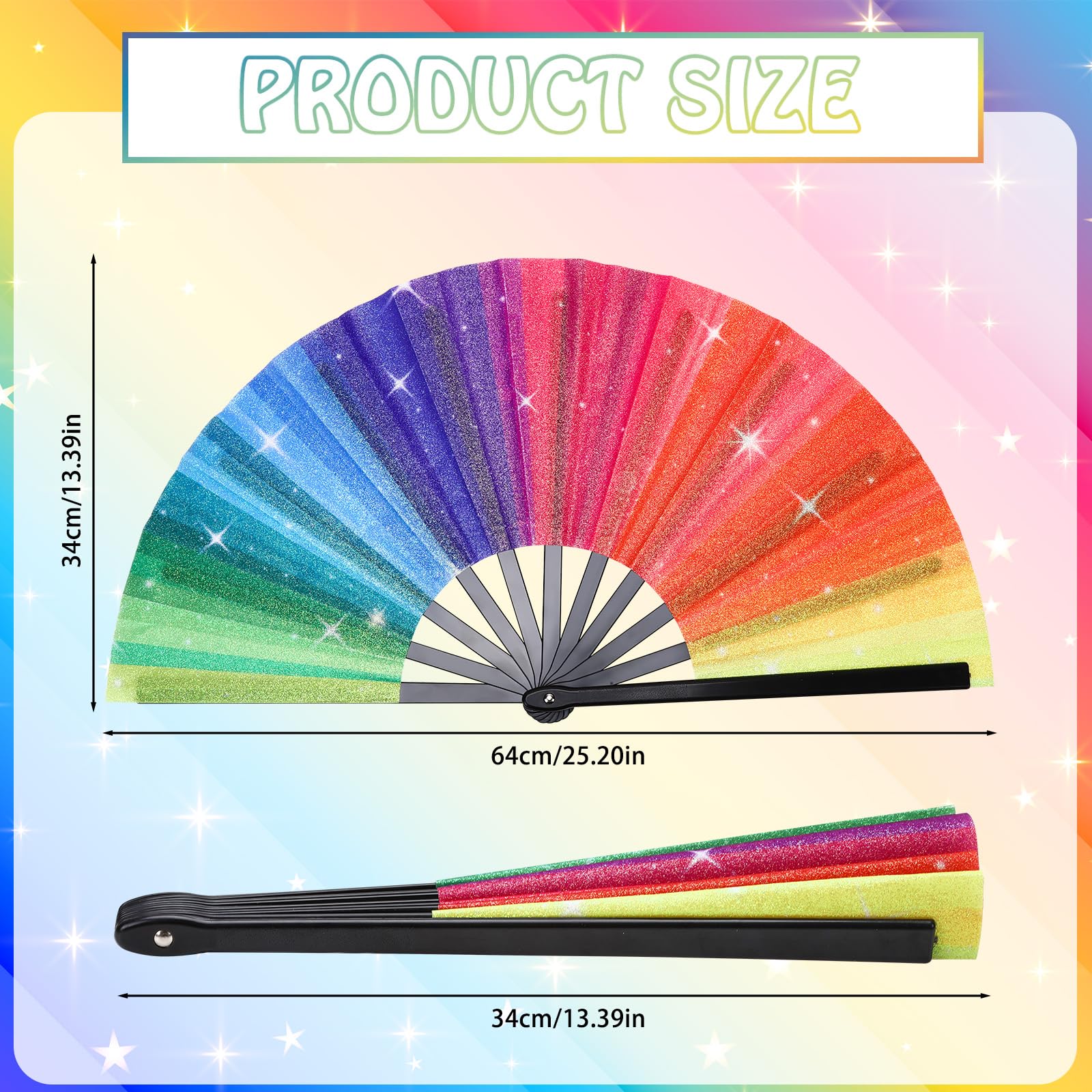 MOUNTCLIM 2 Pcs Large Rainbow Hand Fan Glitter, Pride Fans Big Folding Hand Held Fans Rave Hand Fan Gay LGBTQ Stuff for Pride Month Parade Dance Performance Drag Weddings Music Festival Decoration