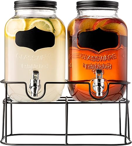 Royalty Art Dispensadores de bebidas de doble tarro Mason con soporte de metal (4 litros cada uno) a prueba de fugas, espigas fáciles de tirar y